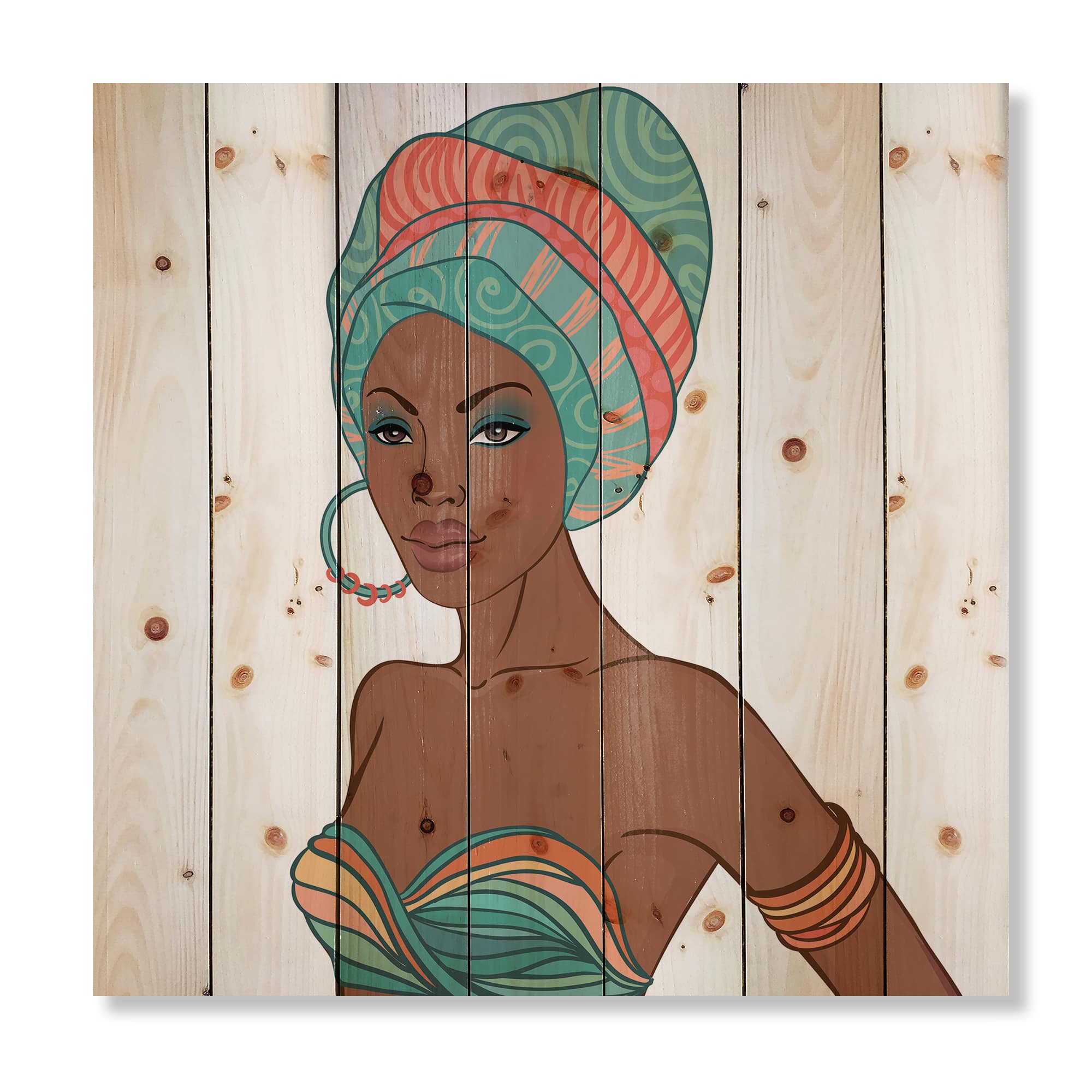 Designart - African American Woman With Earring &#x26; Turban - Modern Print on Natural Pine Wood