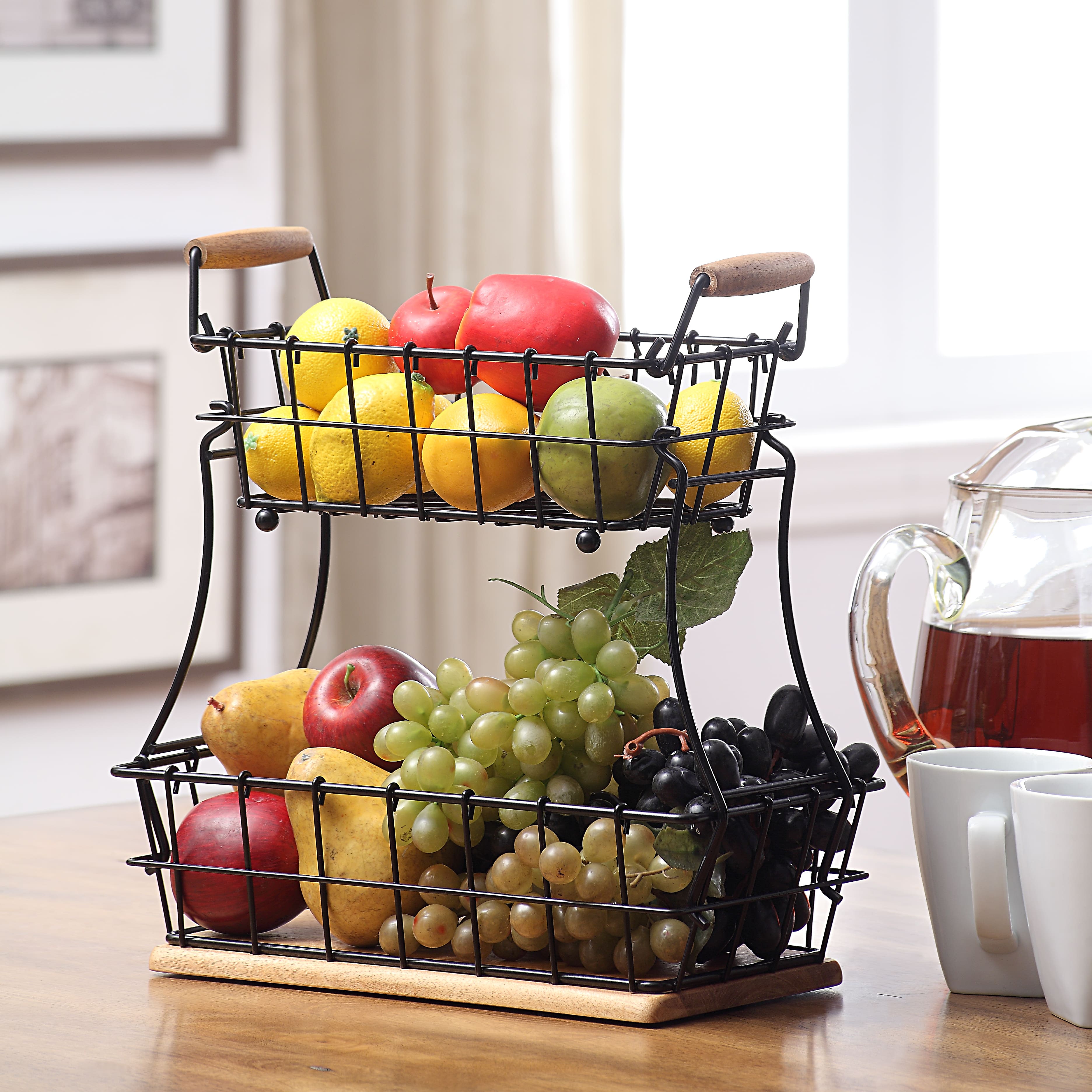 SunnyPoint 2-Tier Wire Basket with Wood Base