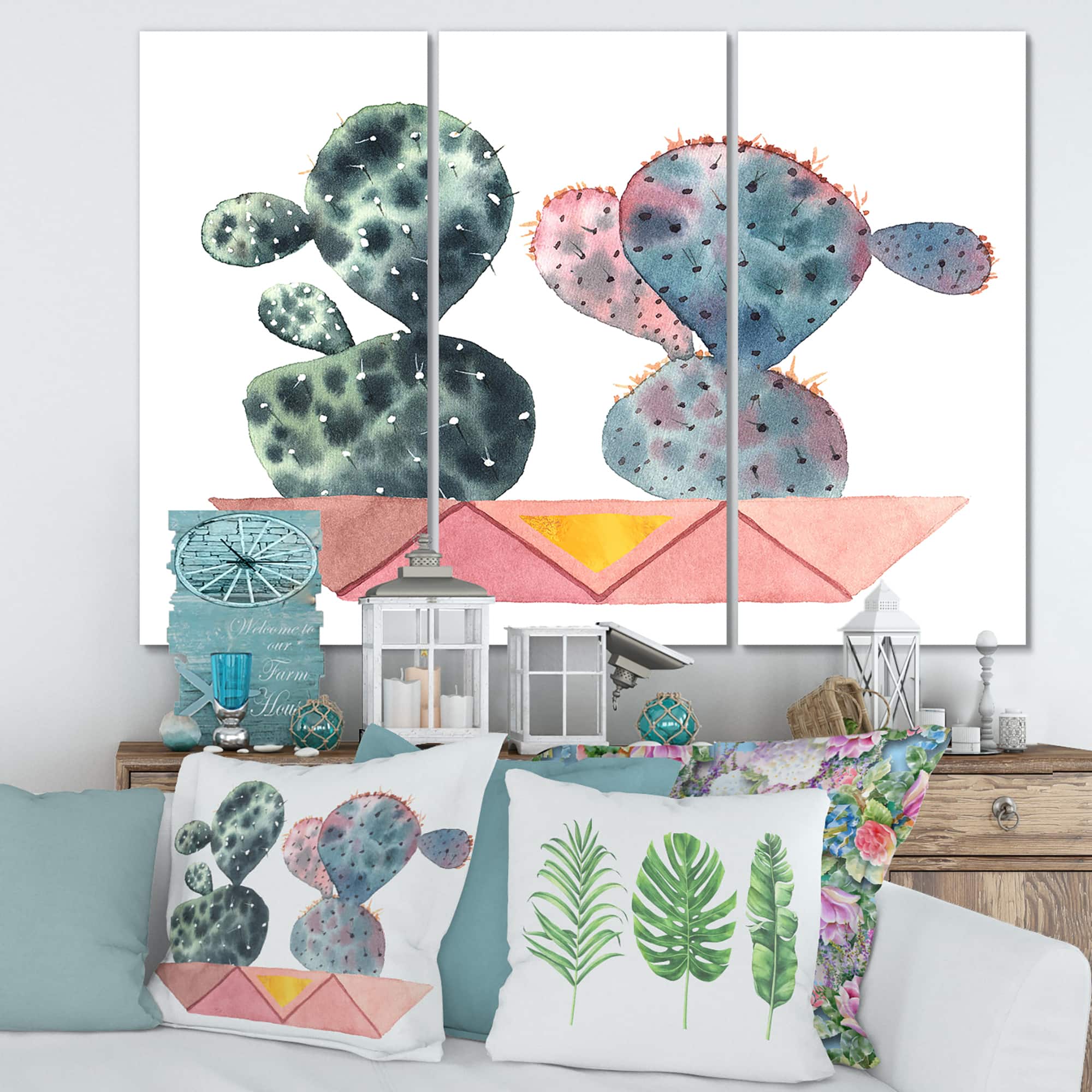 Designart - Cactus Duo In Pink Geometric Pots