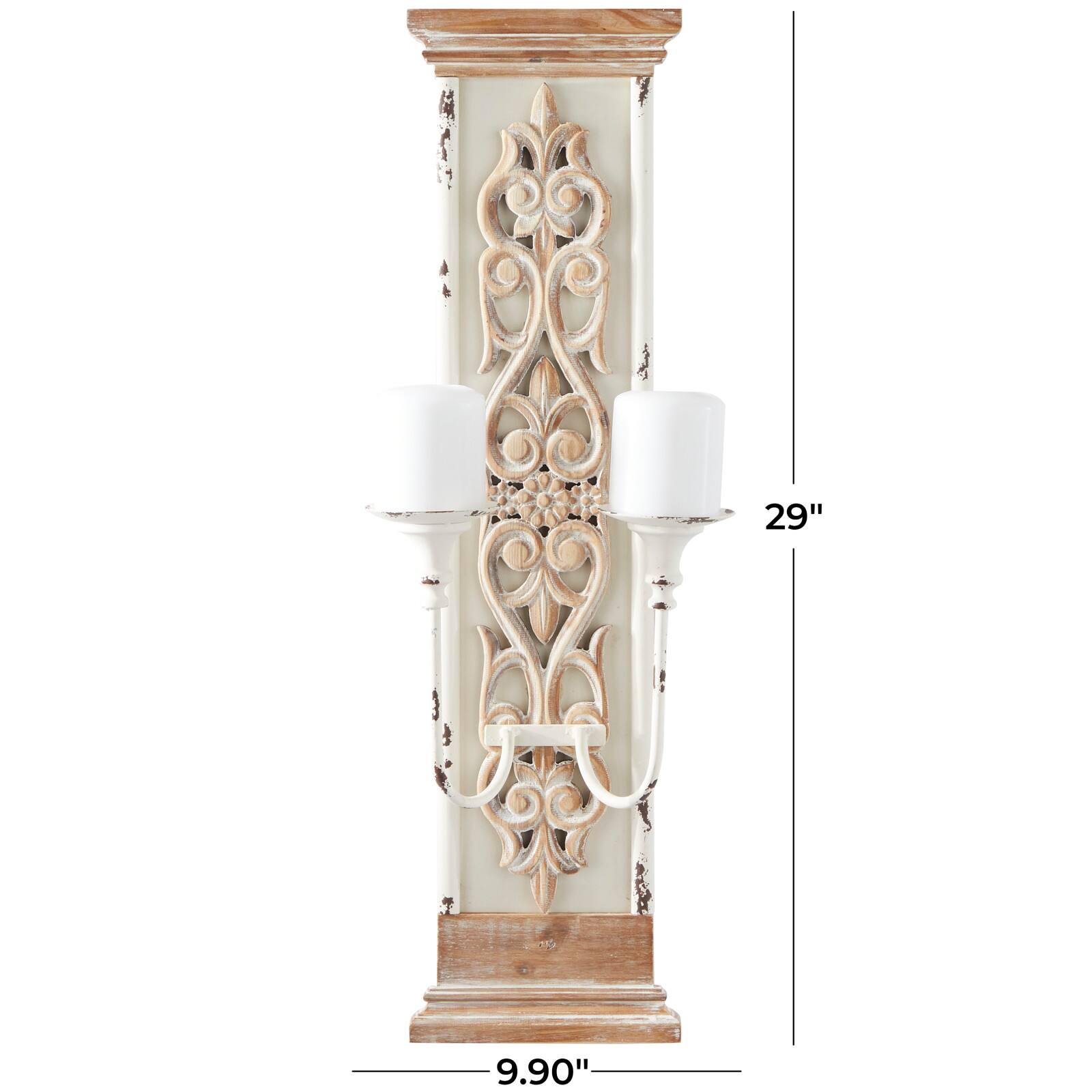 29" Brown Wood Pillar 2 Plate Scroll Wall Sconce