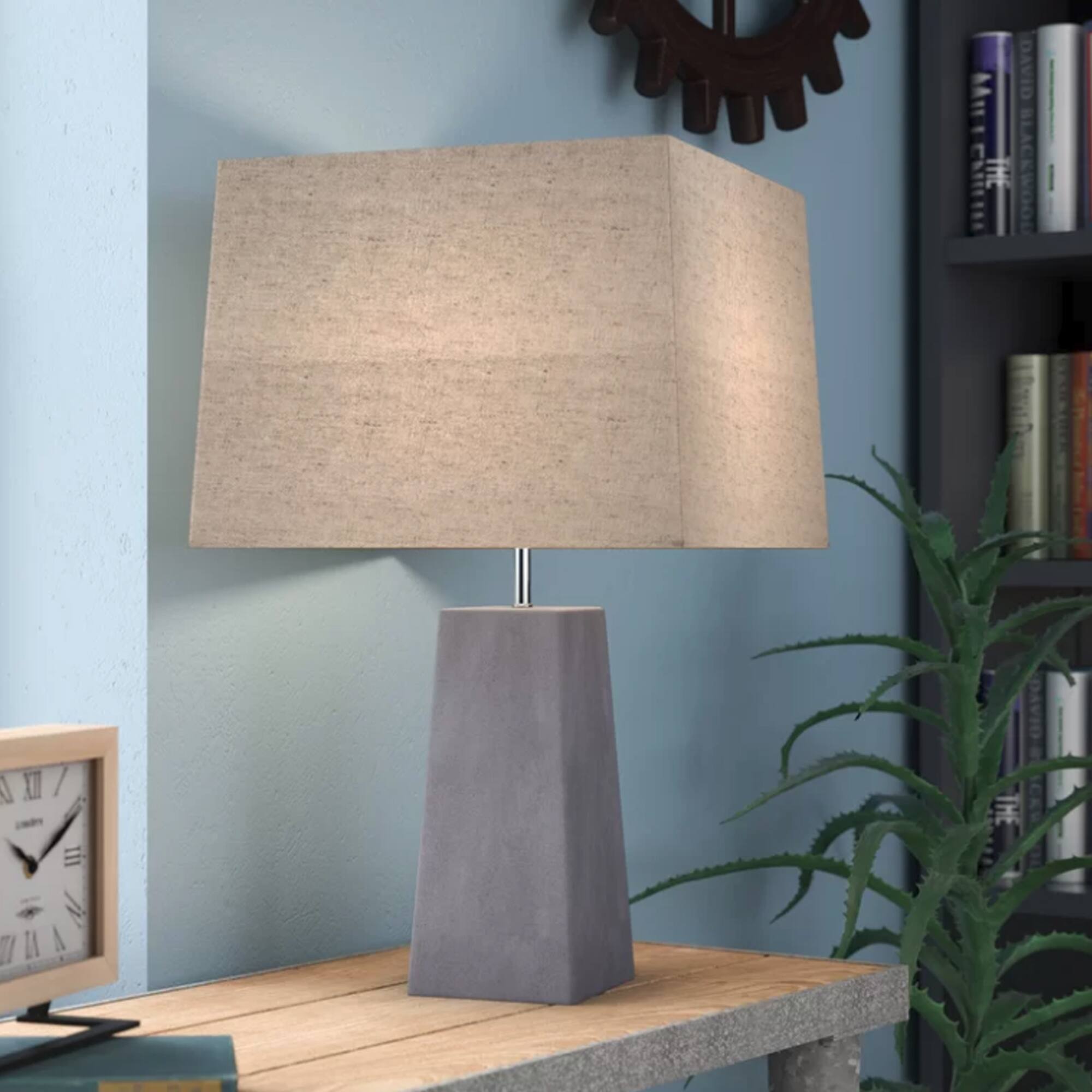 Gray Concrete Cement Accent Table Lamp with Beige Canvas Shade