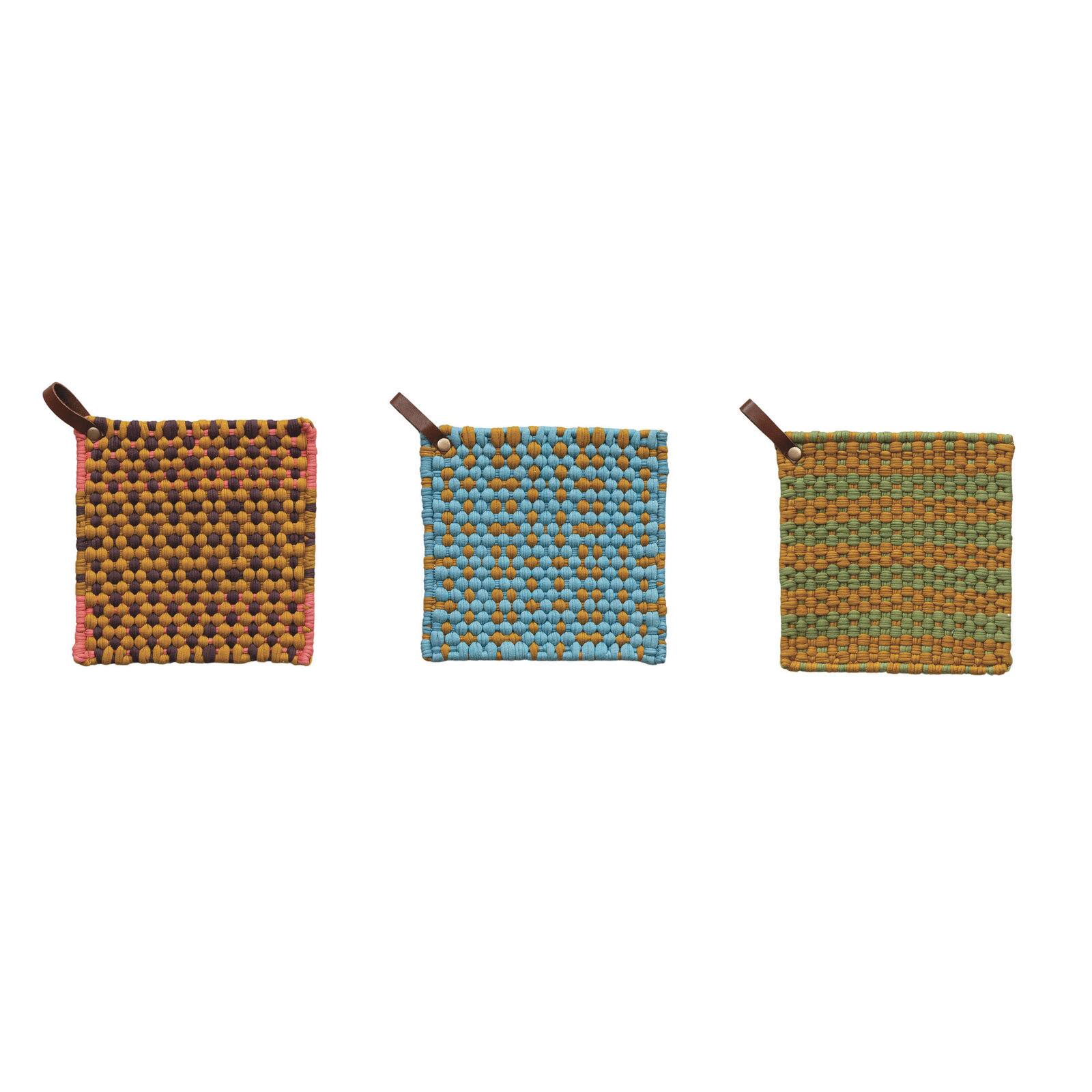 Hello Honey&#xAE; Multi-Tone Cotton Crocheted Pot Holders with Leather Loop Set
