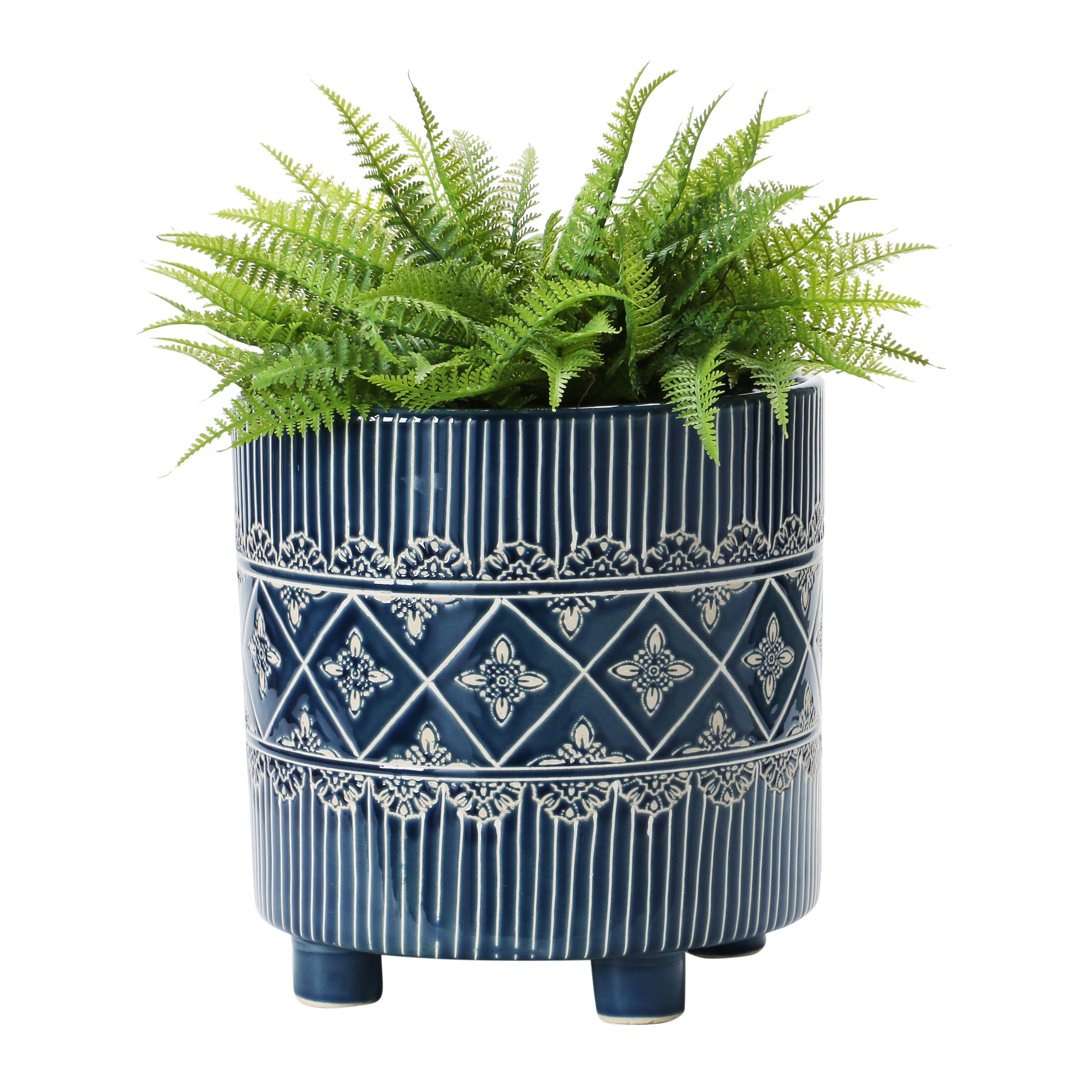 Hello Honey® 11" Blue & White Debossed Stoneware Footed Planter