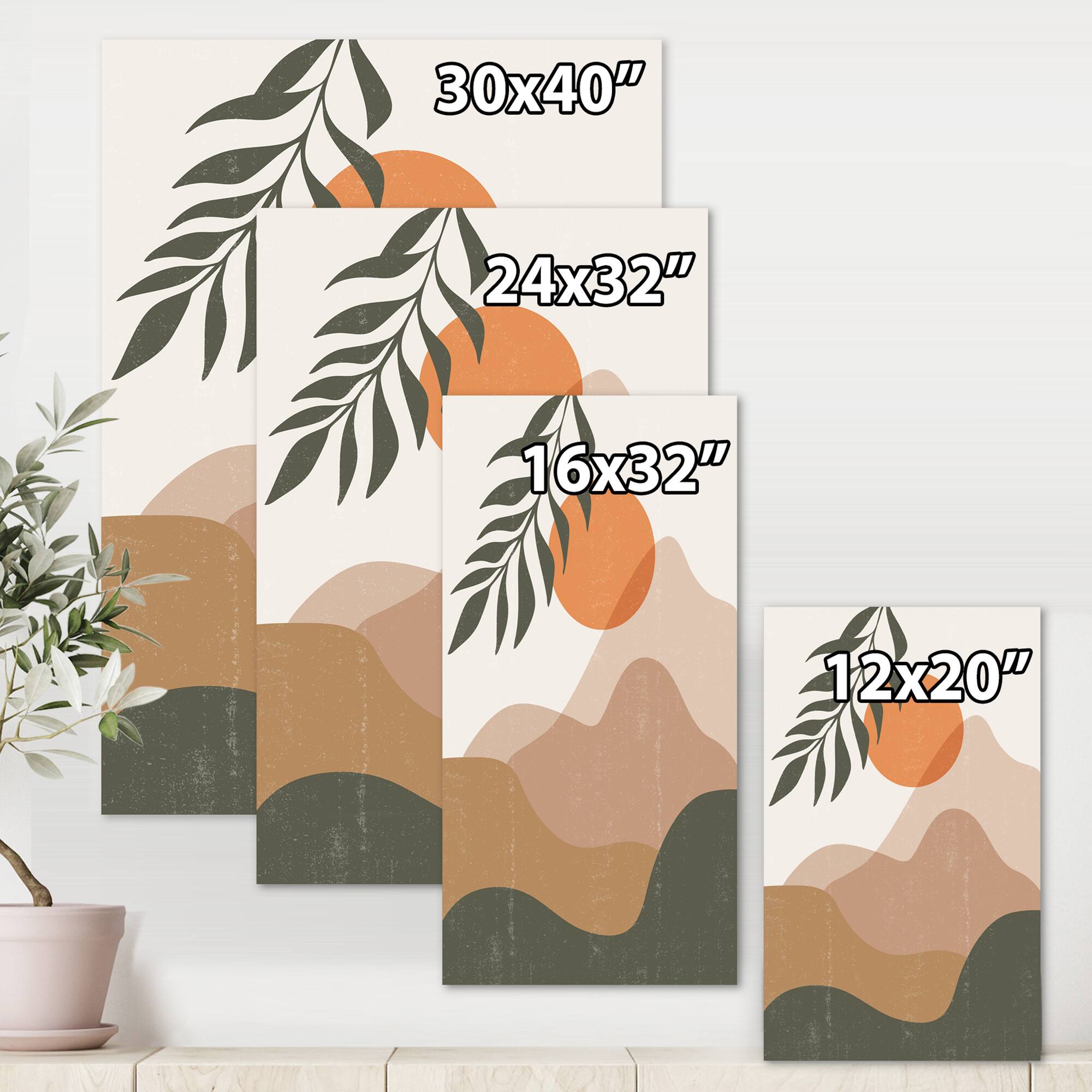 Designart - Abstract Red Moon In Earth Toned Mountains I - Modern Canvas Wall Art Print