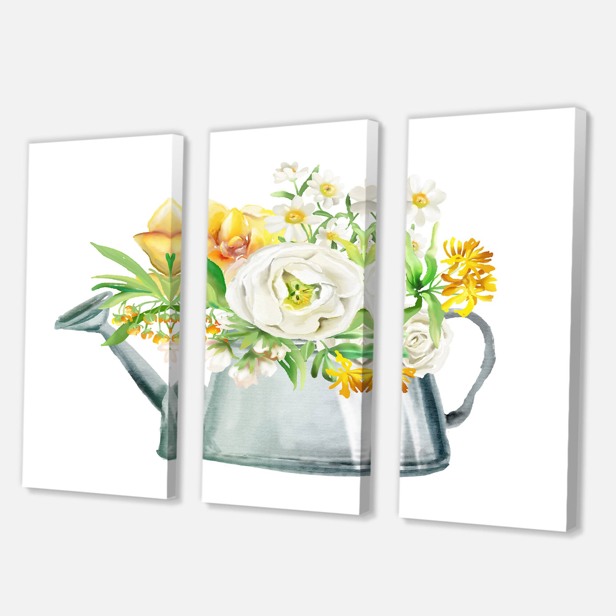 Designart - Roses Peonies &#x26; Marigolds In Garden Watering Can - Farmhouse Canvas Wall Art Print