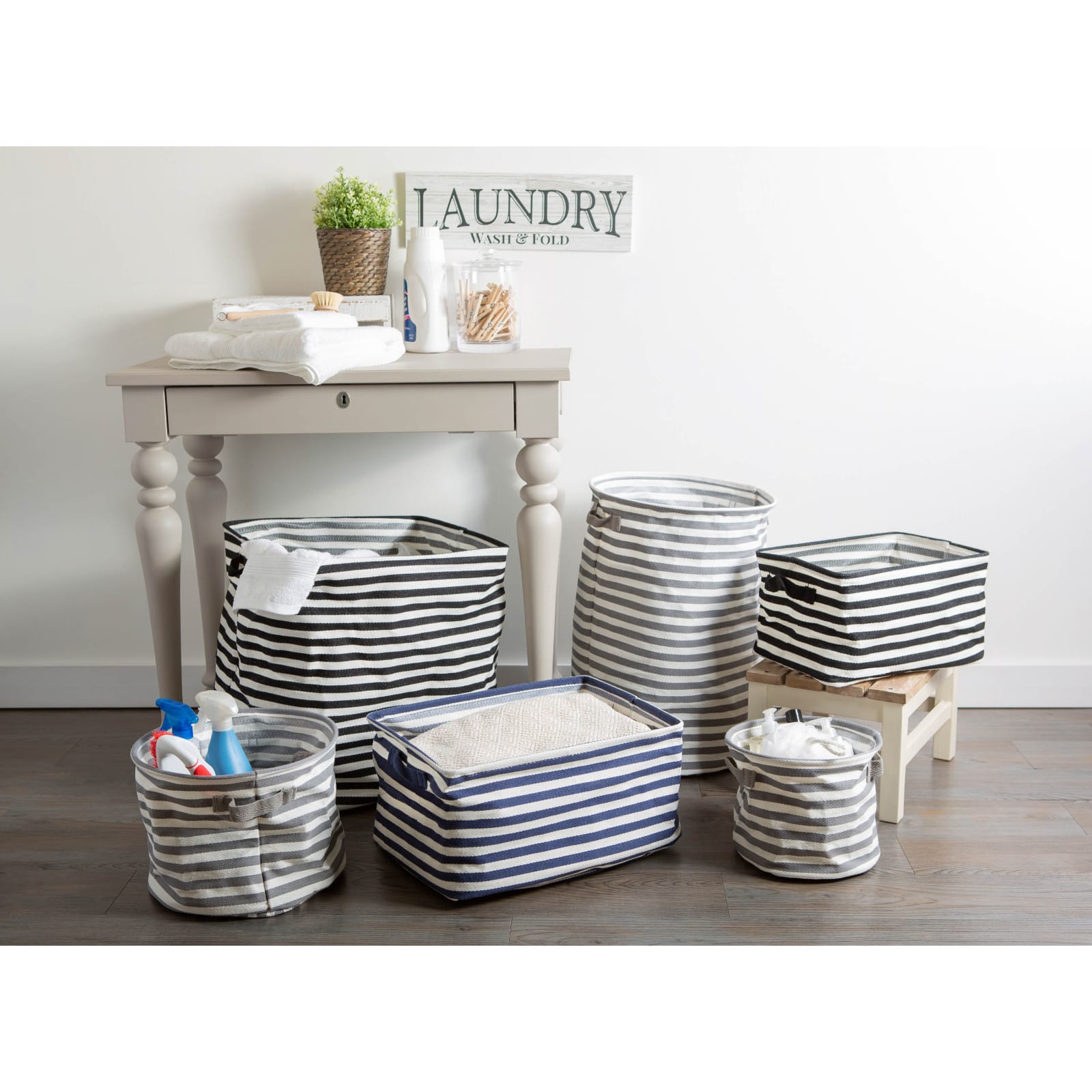 DII® Stripes PE-Coated Herringbone Woven Cotton Laundry Bin Set