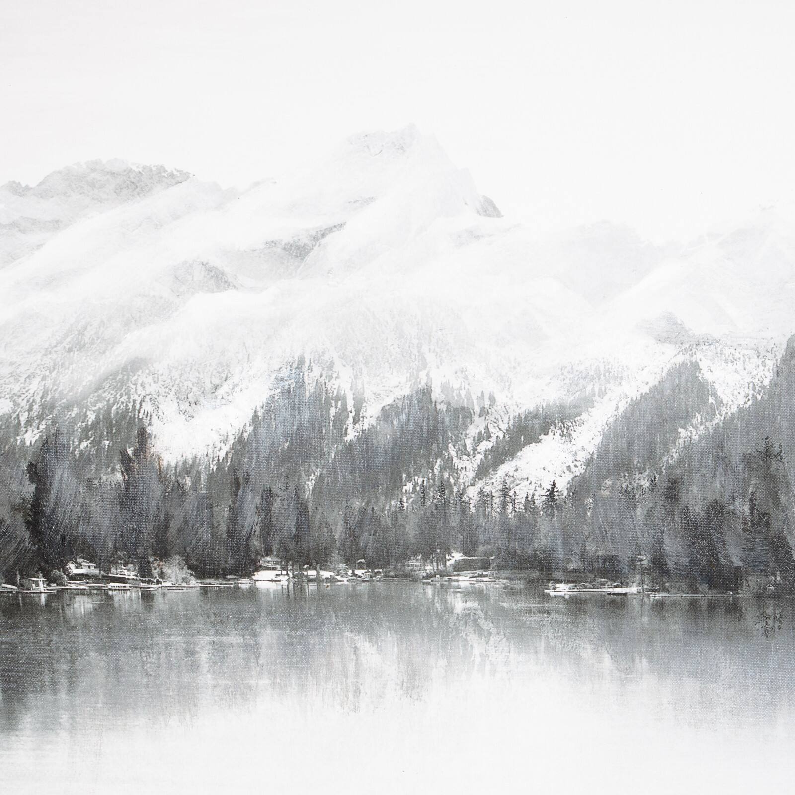 40" x 30" Gray Neutral Lake Landscape Canvas Framed Wall Art with Black Frame