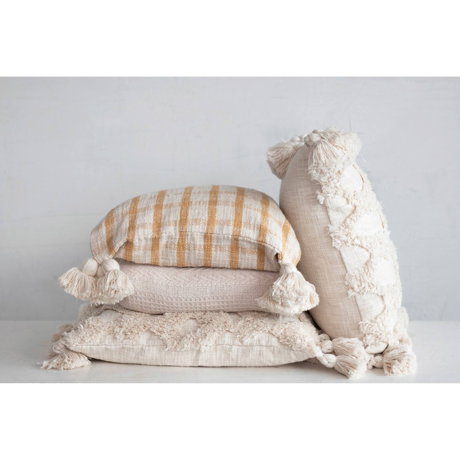 Hello Honey® Mustard & Cream Plaid Woven Cotton Slub Pillow with Tassels