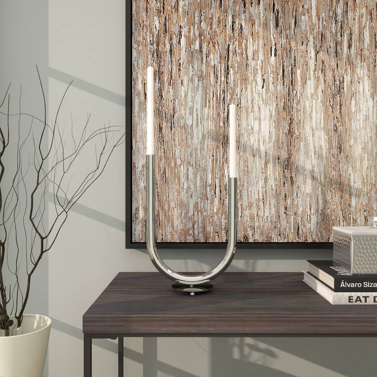 14" Silver Stainless Steel Abstract U-Shaped Candelabra
