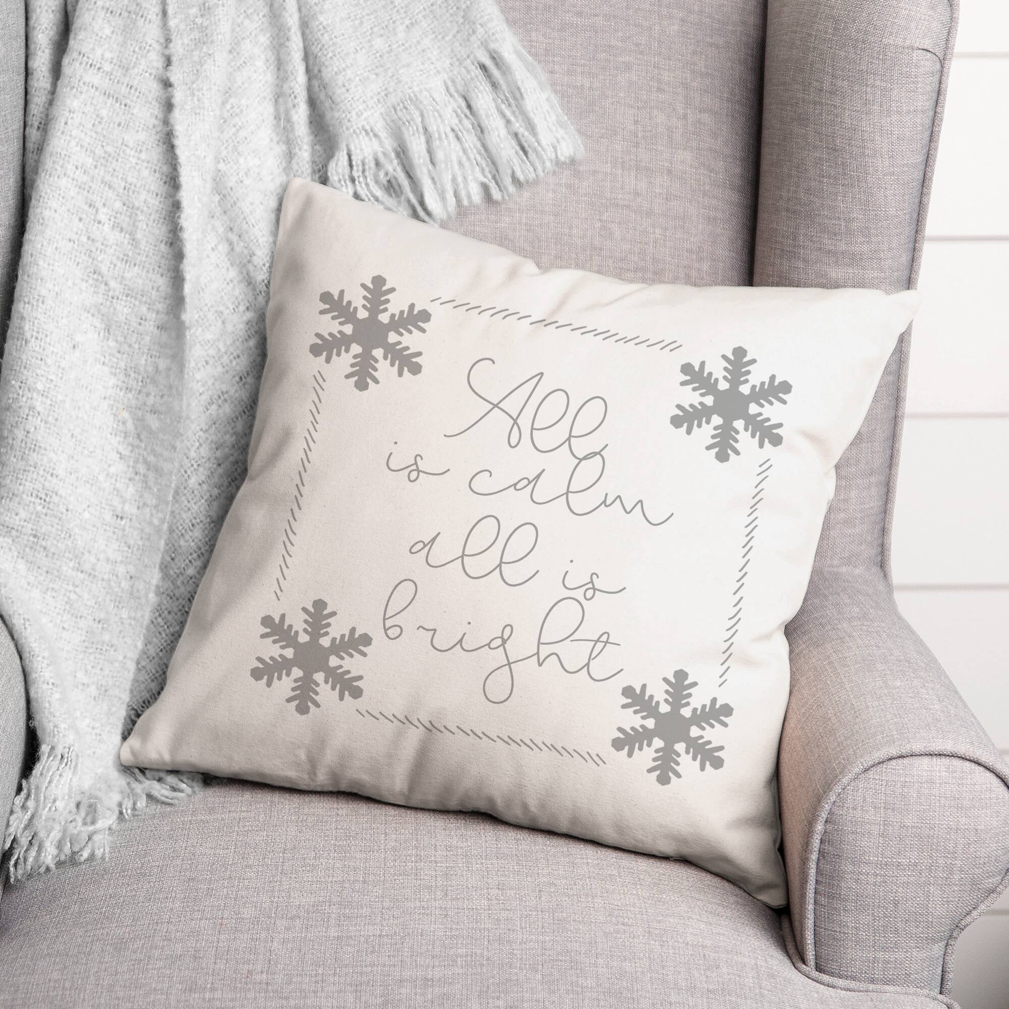 All is Calm All is Bright Snowflakes 18x18 Throw Pillow