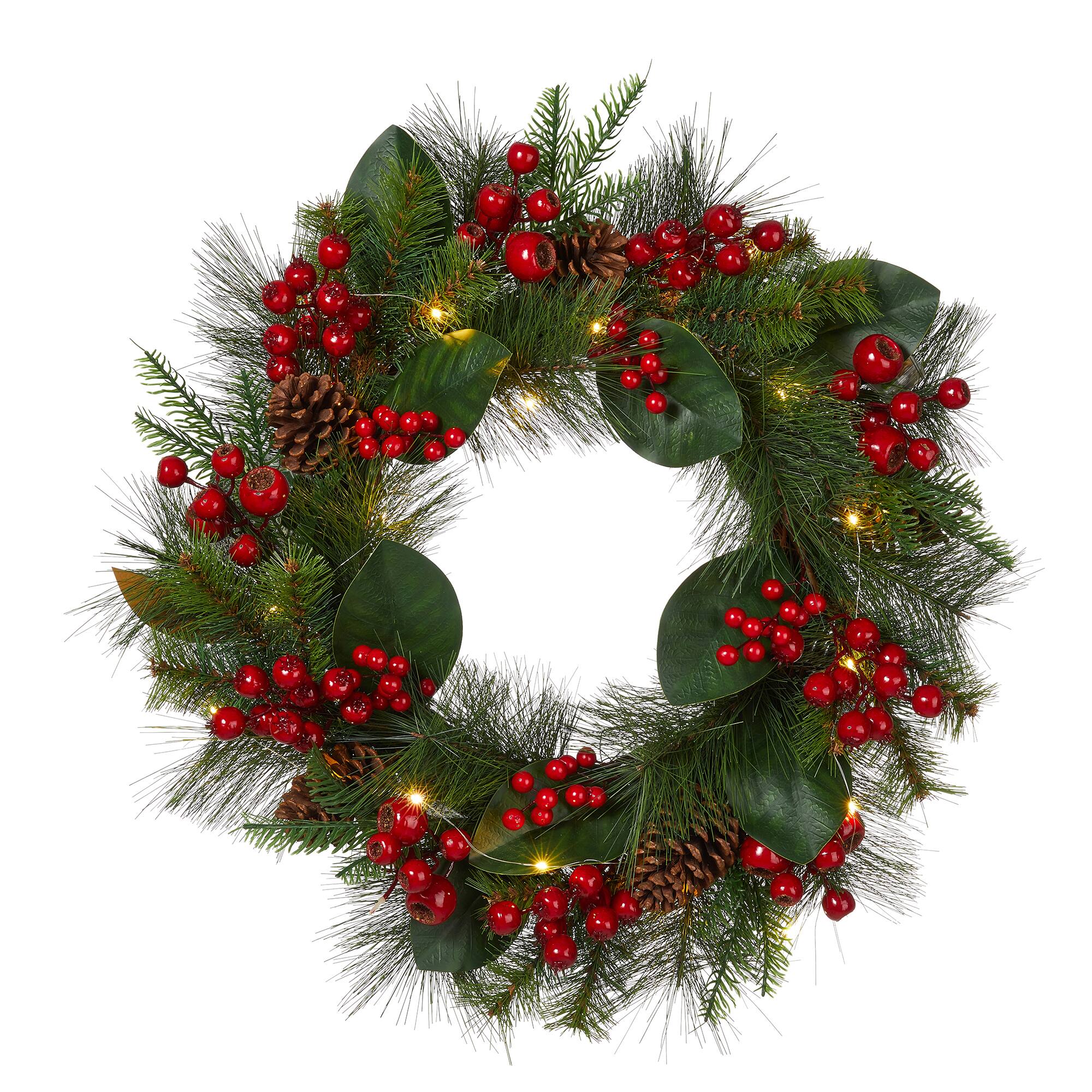 Glitzhome® 24" Pre-Lit Berry, Magnolia Leaf & Pinecone Wreath