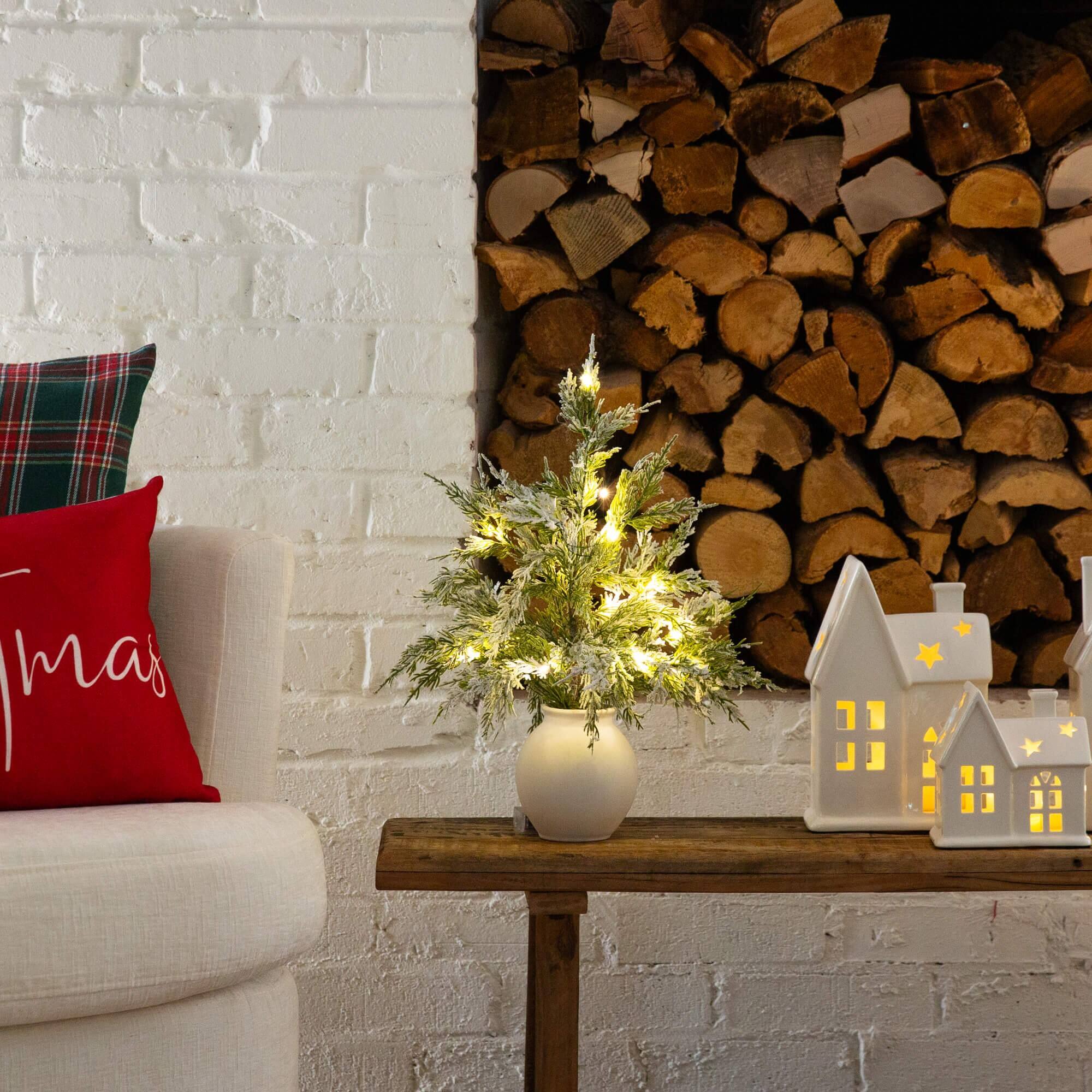 18" Pre-Lit Snowed Cypress Artificial Potted Christmas Tree