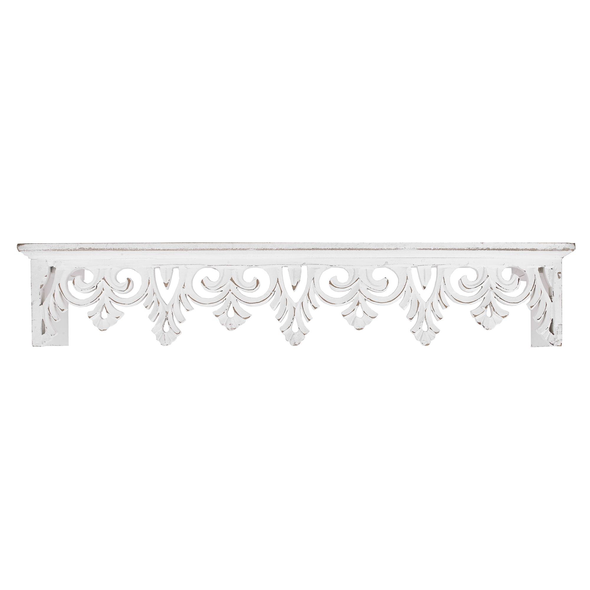 24" Whitewashed Hand-Carved Wood Floating Wall Shelf