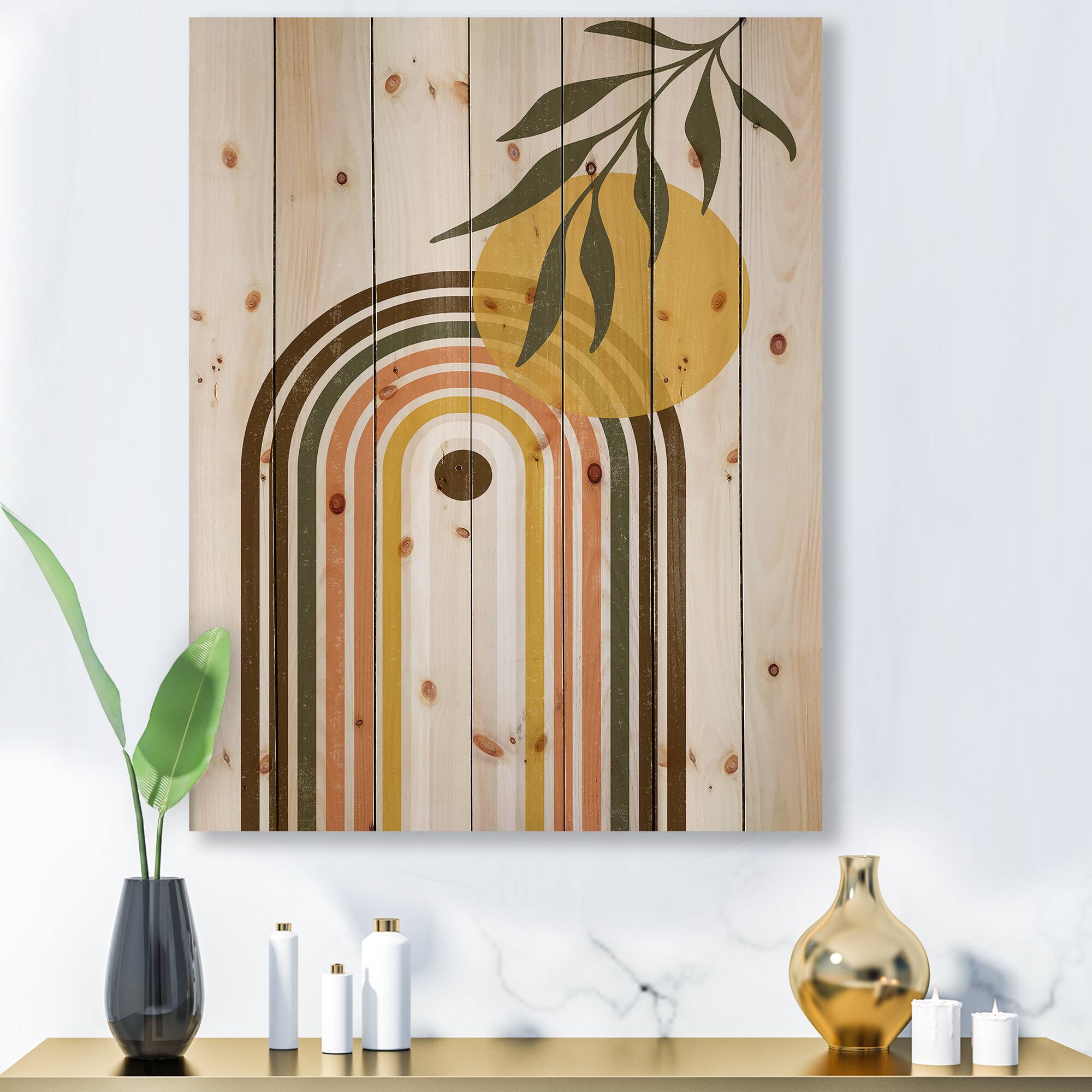 Designart - Abstract Yellow Sun With Retro Rainbow - Modern Print on Natural Pine Wood