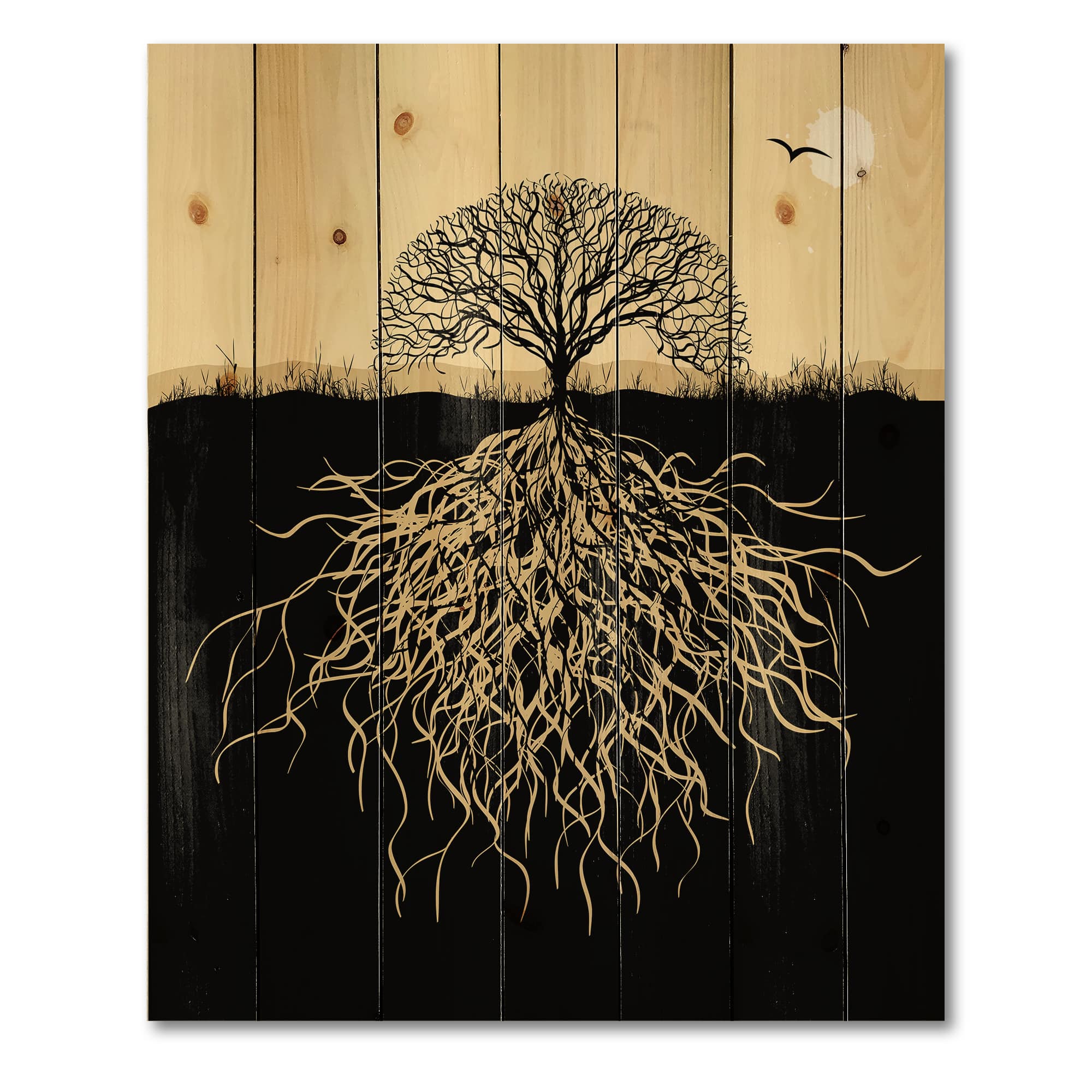 Designart - Tree Silhouette With Roots - Traditional Print on Natural Pine Wood