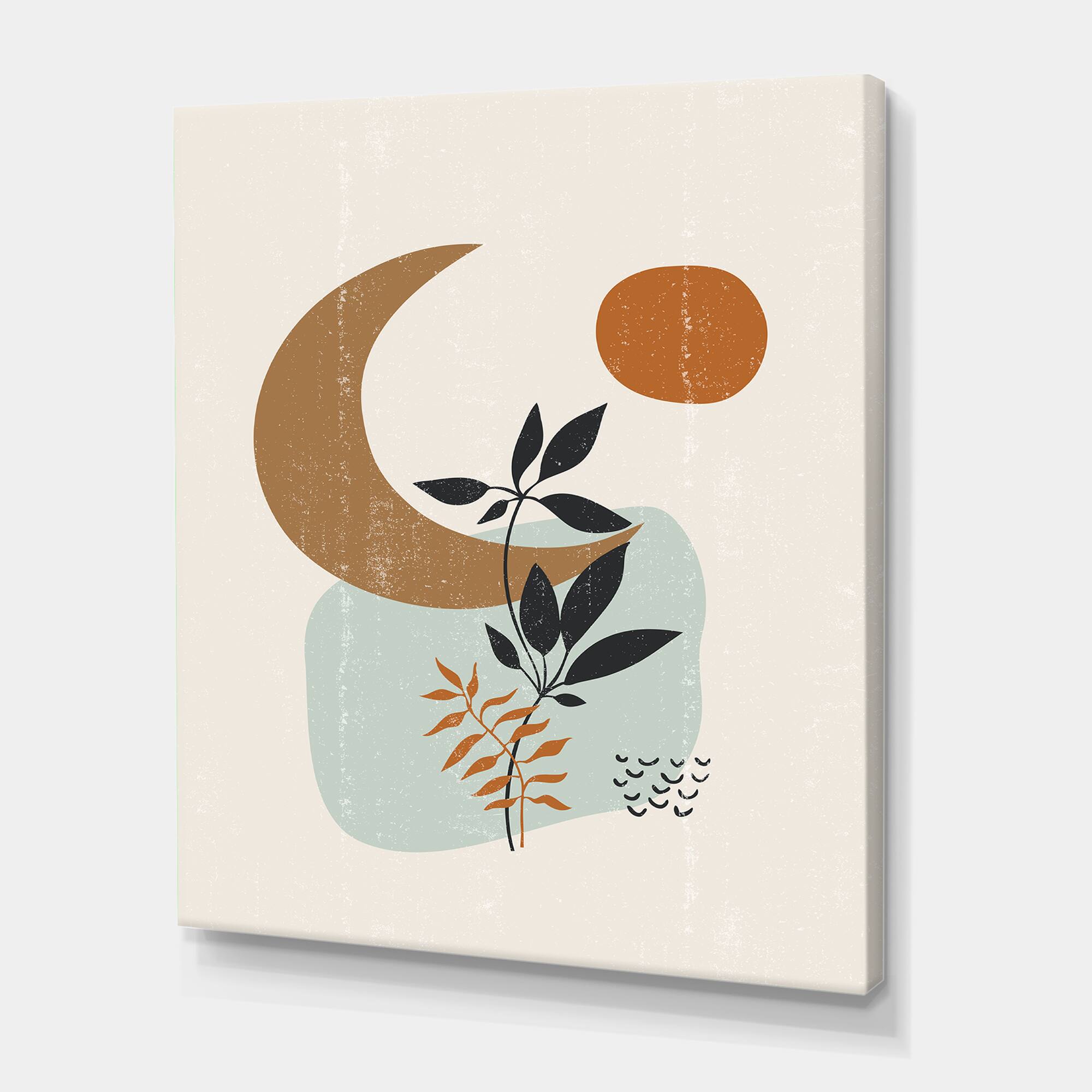 Designart - Abstract Sun &#x26; Moon With Minimal Plants - Modern Canvas Wall Art Print