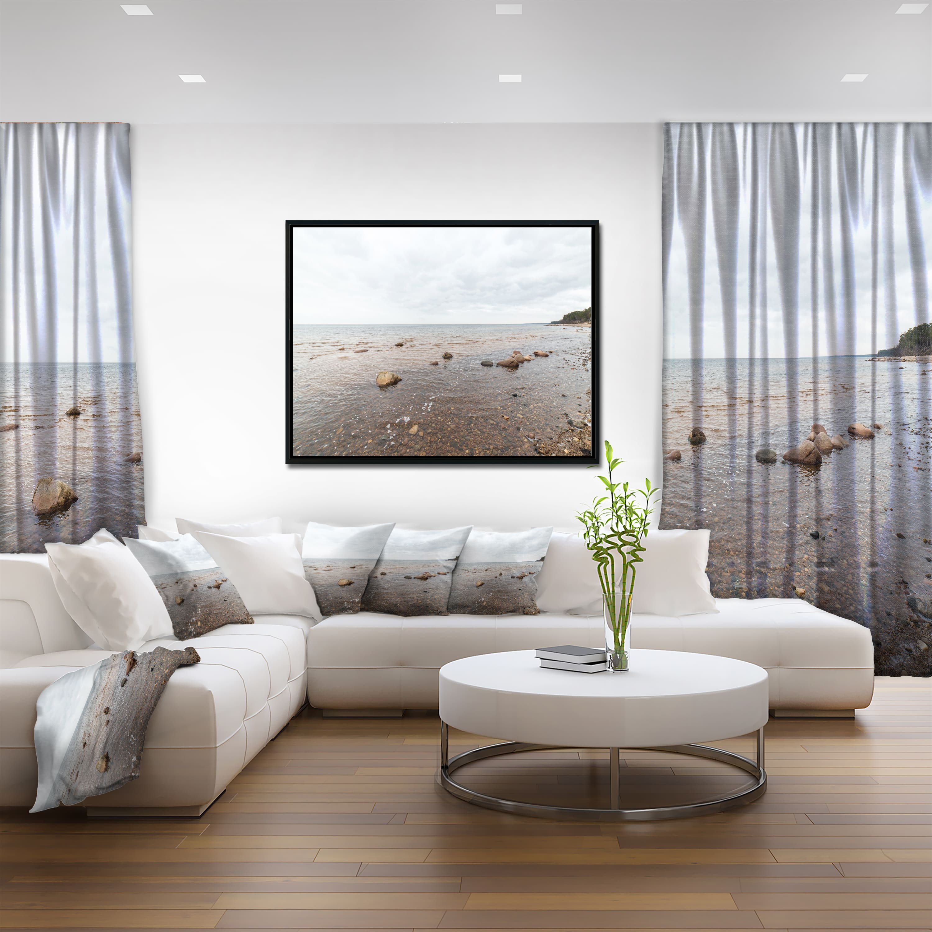 Designart - Rocky Autumn Beach - Seashore Photography Canvas Print in Black Frame