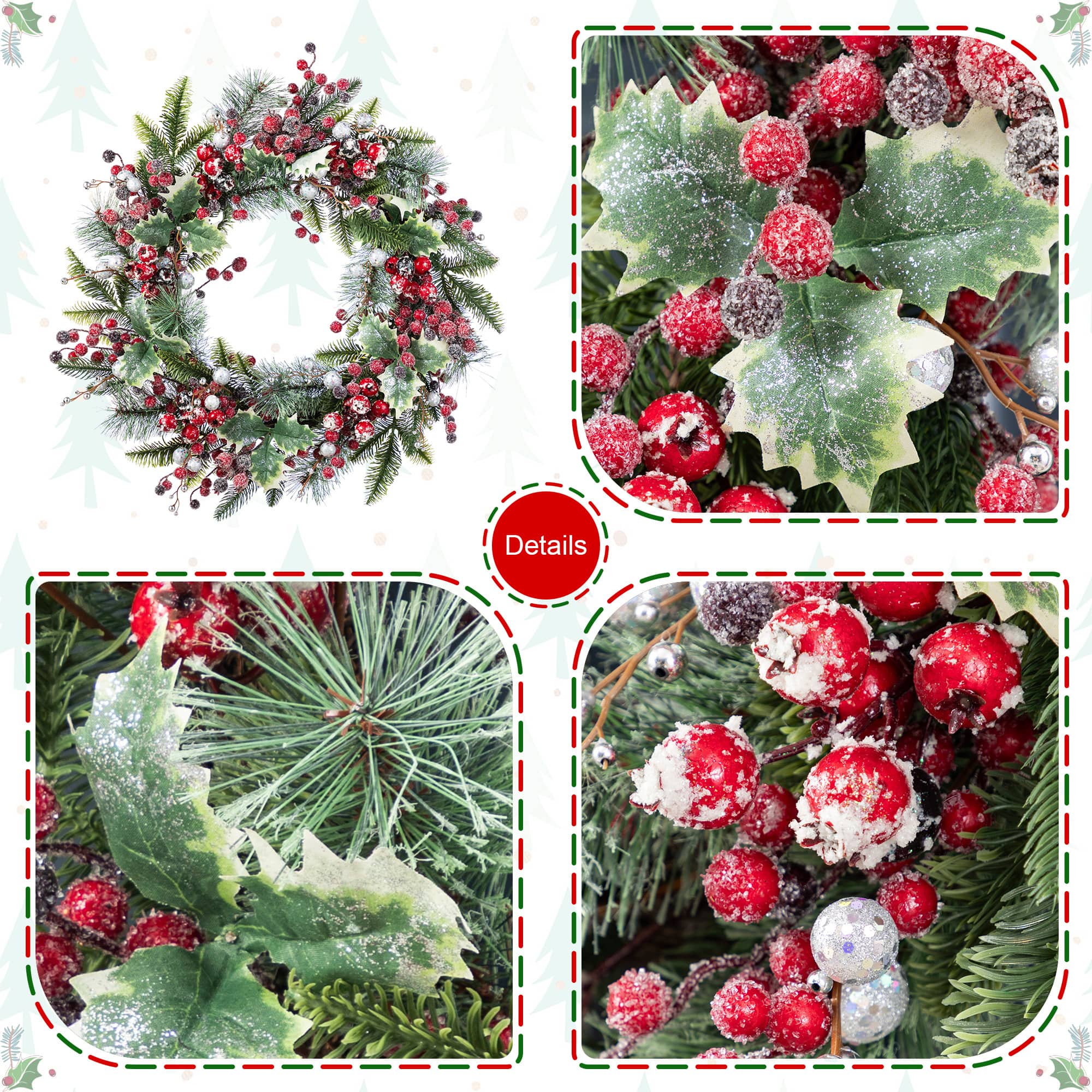 Glitzhome&#xAE; 24&#x22;D Christmas Red Pomegranate Berry &#x26; Holy Leaf Wreath
