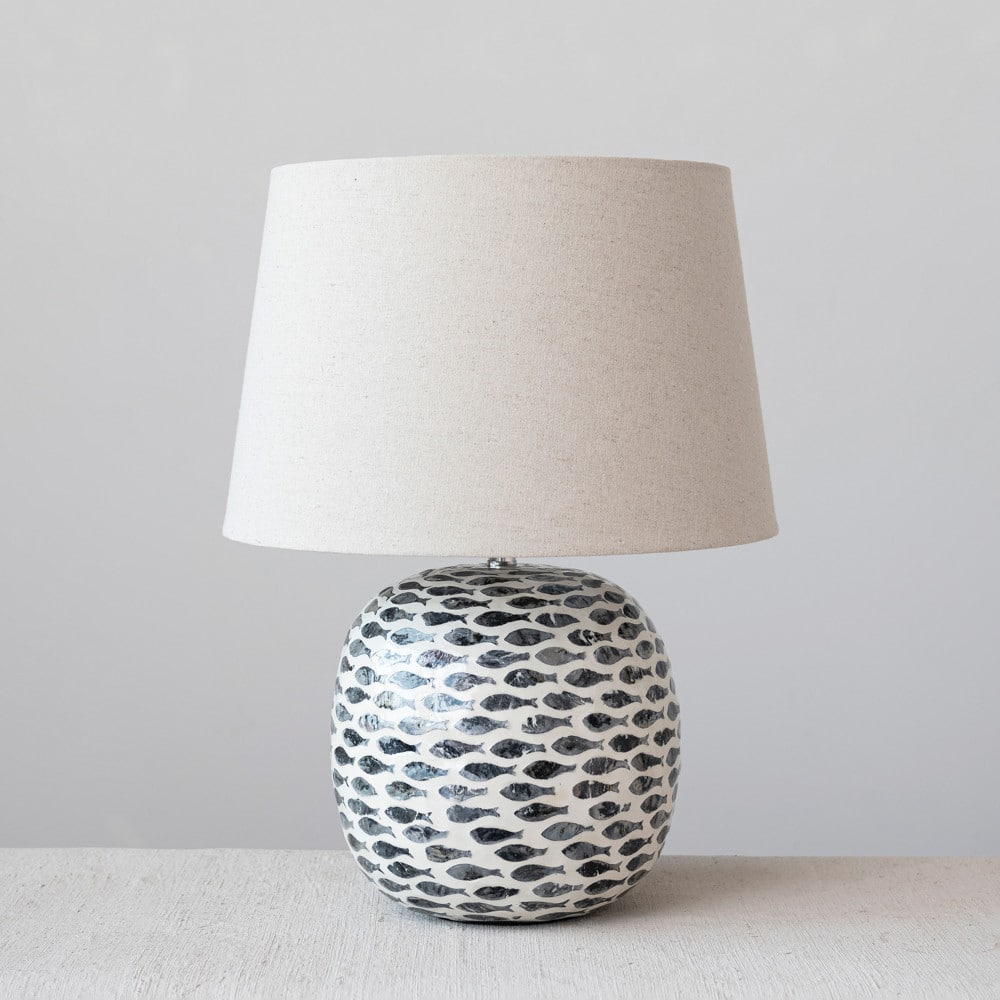Hello Honey&#xAE; 21.5&#x22; Blue and White Coastal Capiz and Bamboo Table Lamp Set with Fish Design