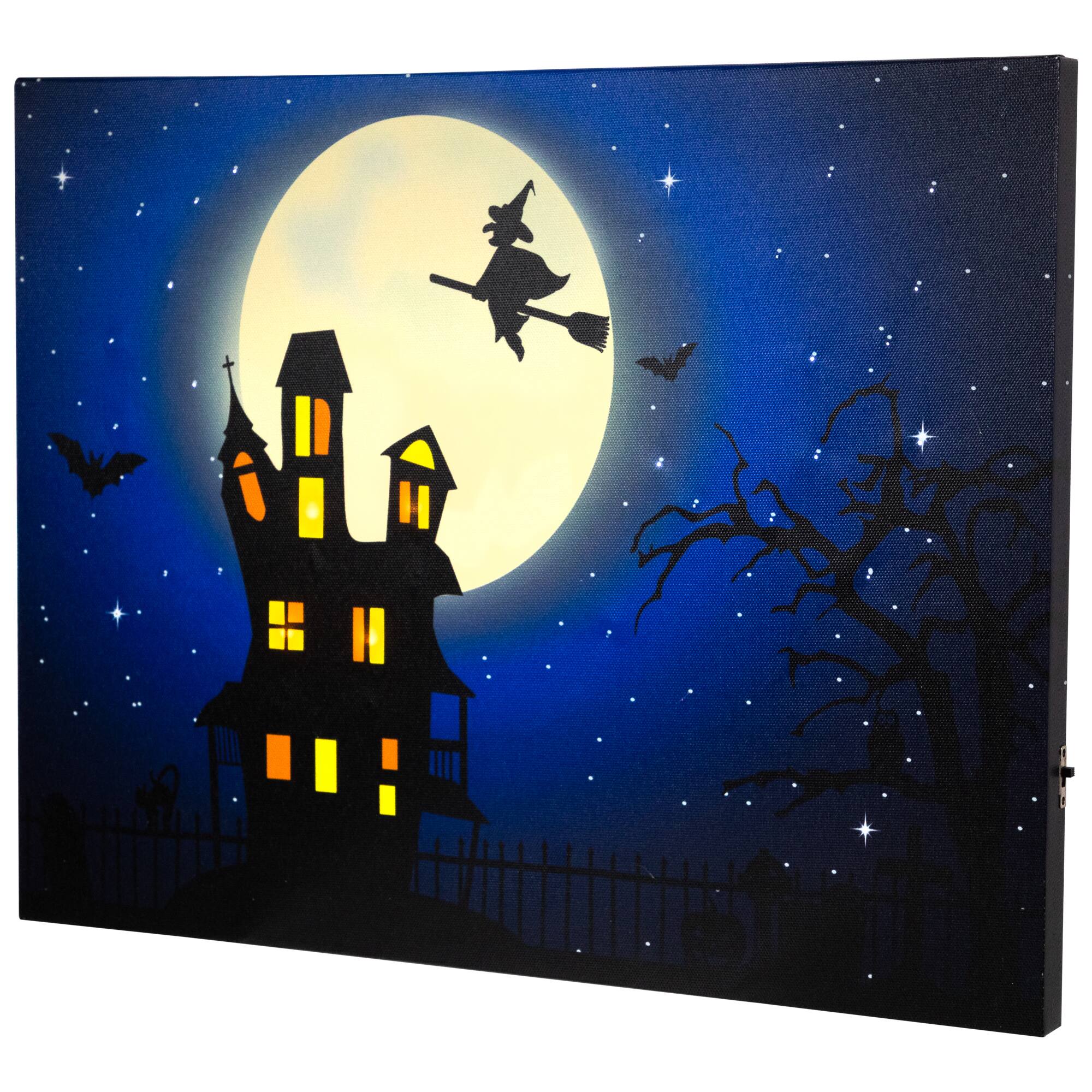 LED Lighted Witch in the Moon Halloween Canvas Wall Art