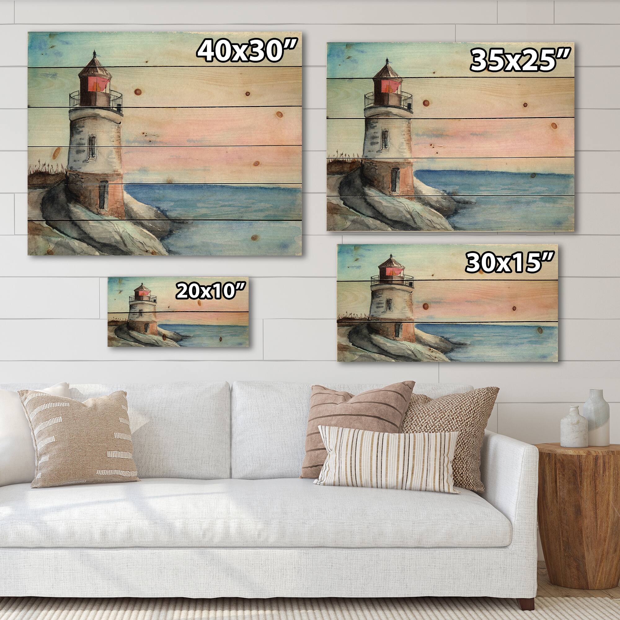 Designart - A Lighthouse On A Rock Shore In Early Morning - Nautical & Coastal Print on Natural Pine Wood
