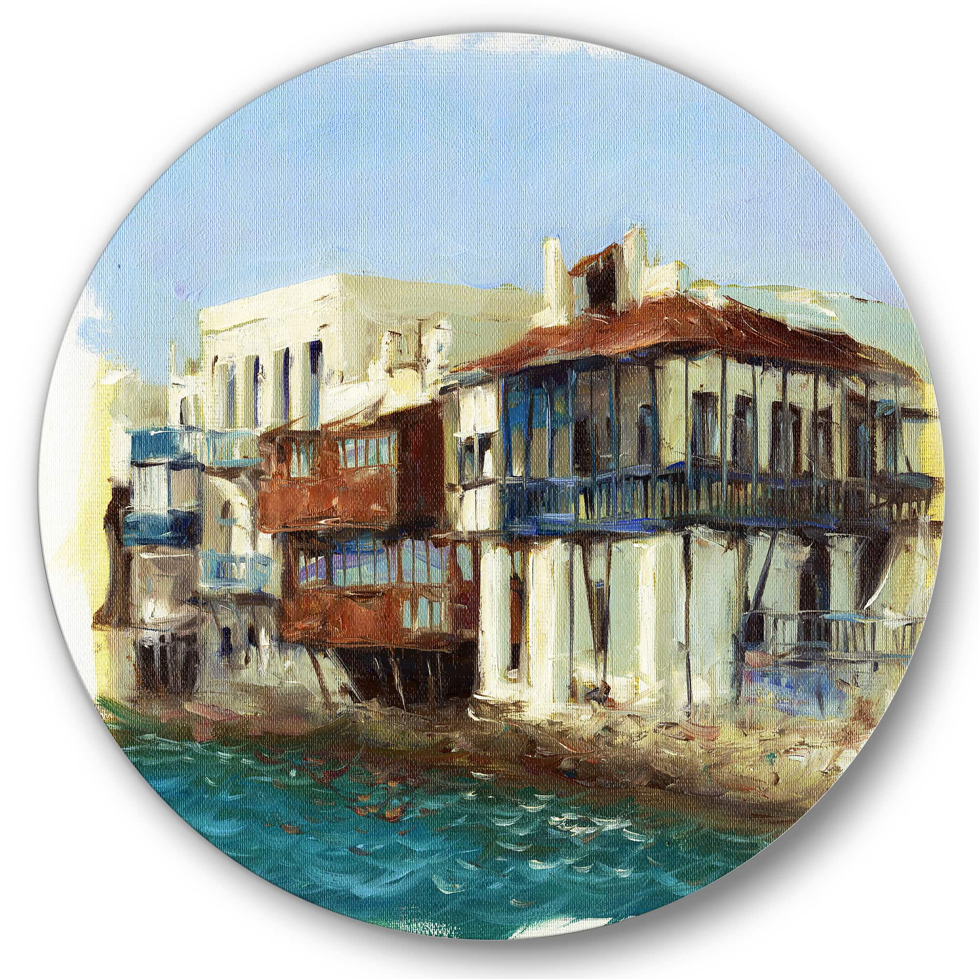 Designart - Old Houses On The Island of Mykonos Greece - Nautical &#x26; Coastal Metal Circle Wall Art