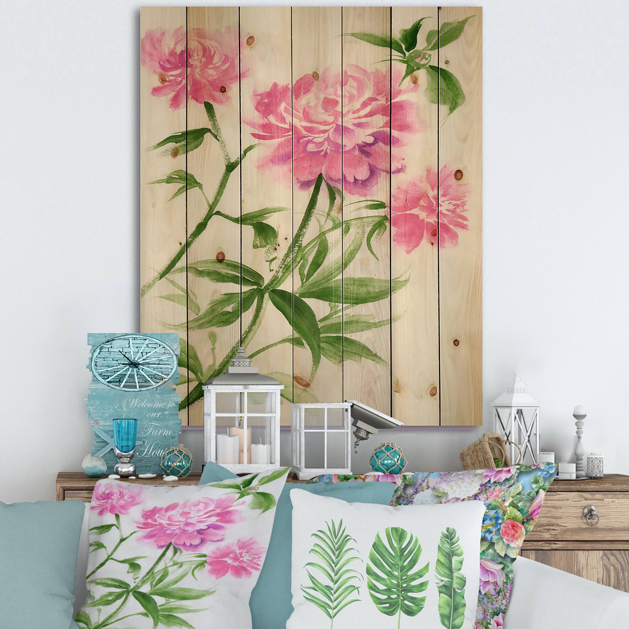 Designart - Purple Peonies Bush II - Traditional Print on Natural Pine Wood