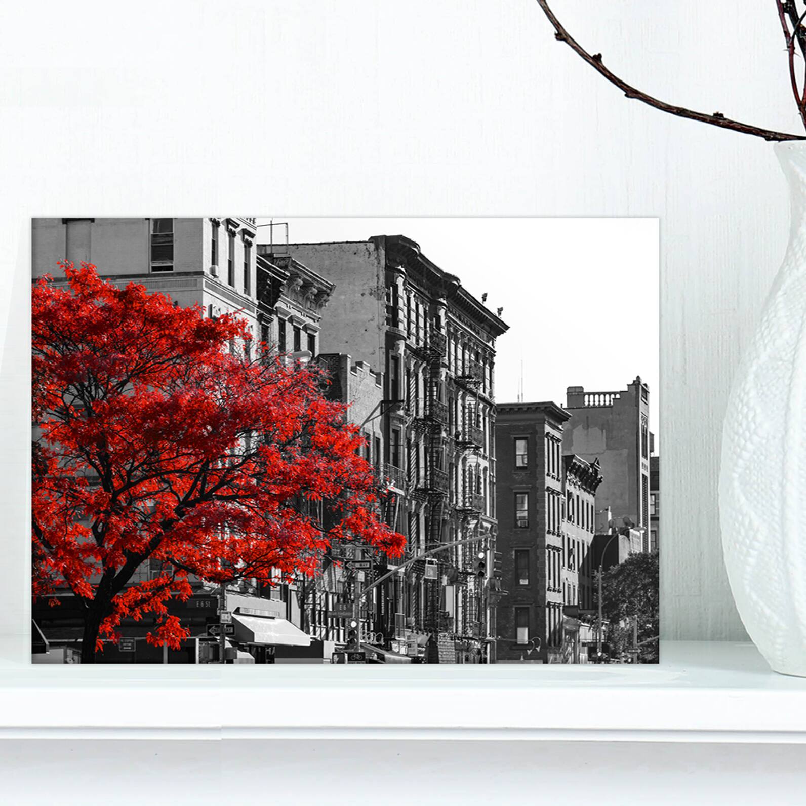Designart - Red Tree on Black and White New York City Street - Floral Cityscapes Photographic on wrapped Canvas