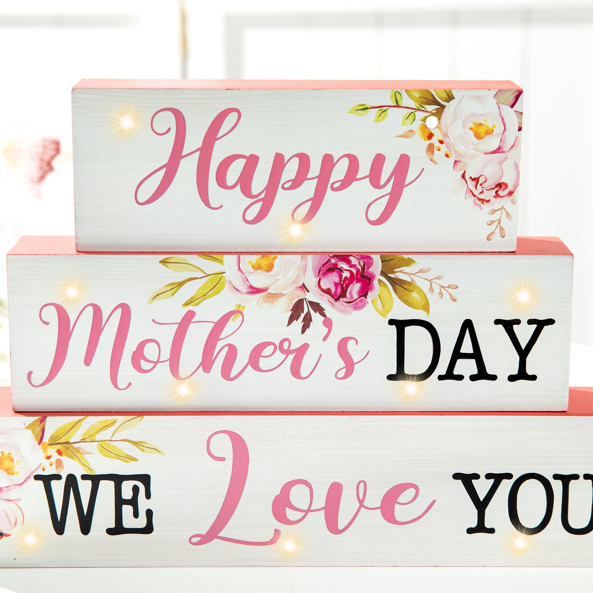 Glitzhome&#xAE; 12&#x22; Lighted Wood Happy Mother&#x27;s Day Block Sign