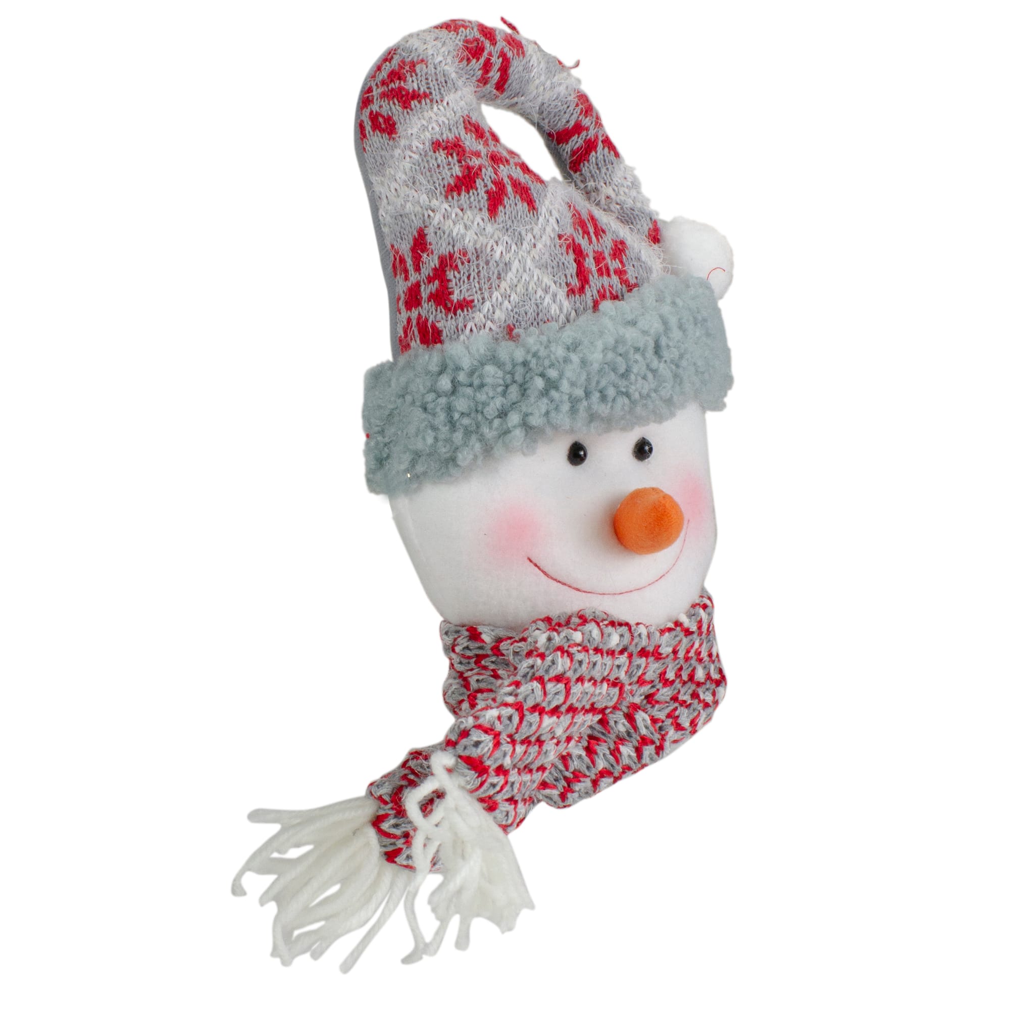 11" Gray & Red Plush Knit Snowman Head Christmas Ornament