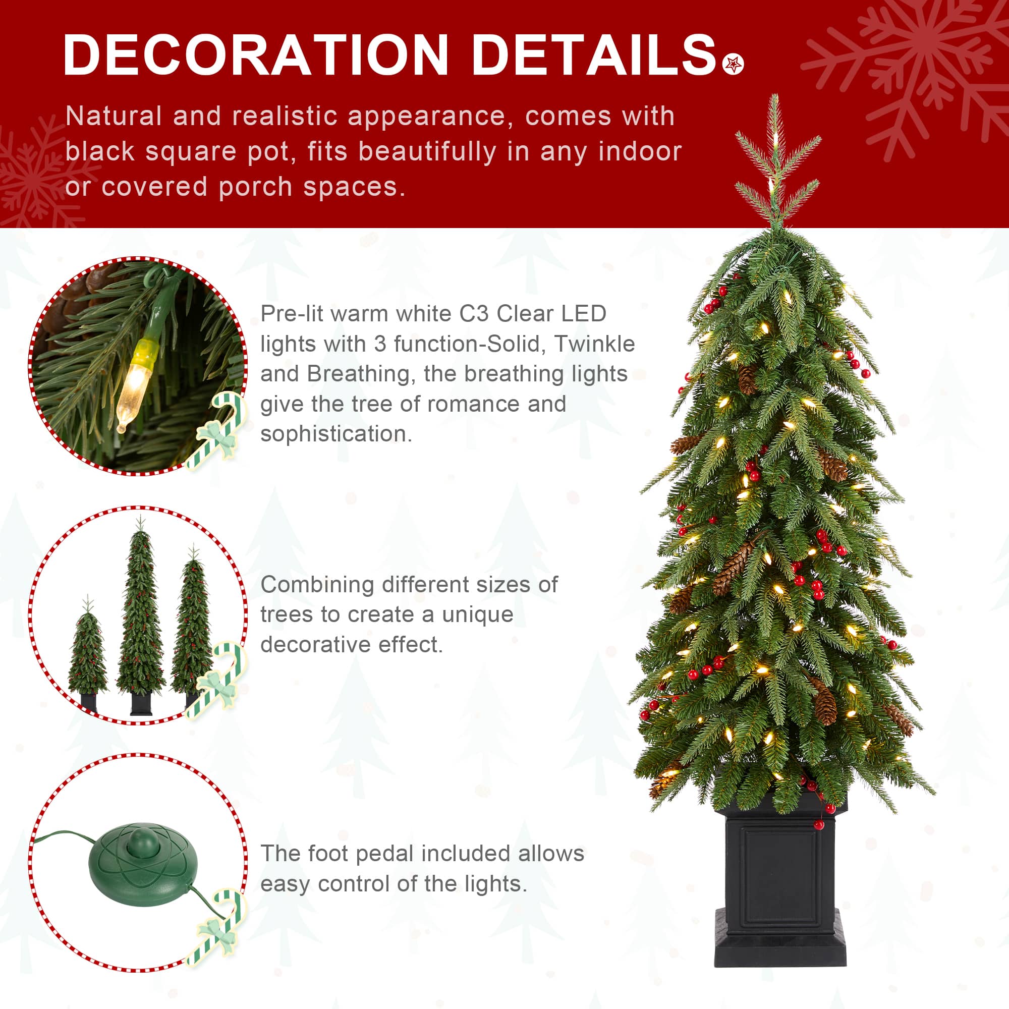 Glitzhome&#xAE; 4ft Pre-lit Green Artificial Christmas Porch Tree, Warm White Lights