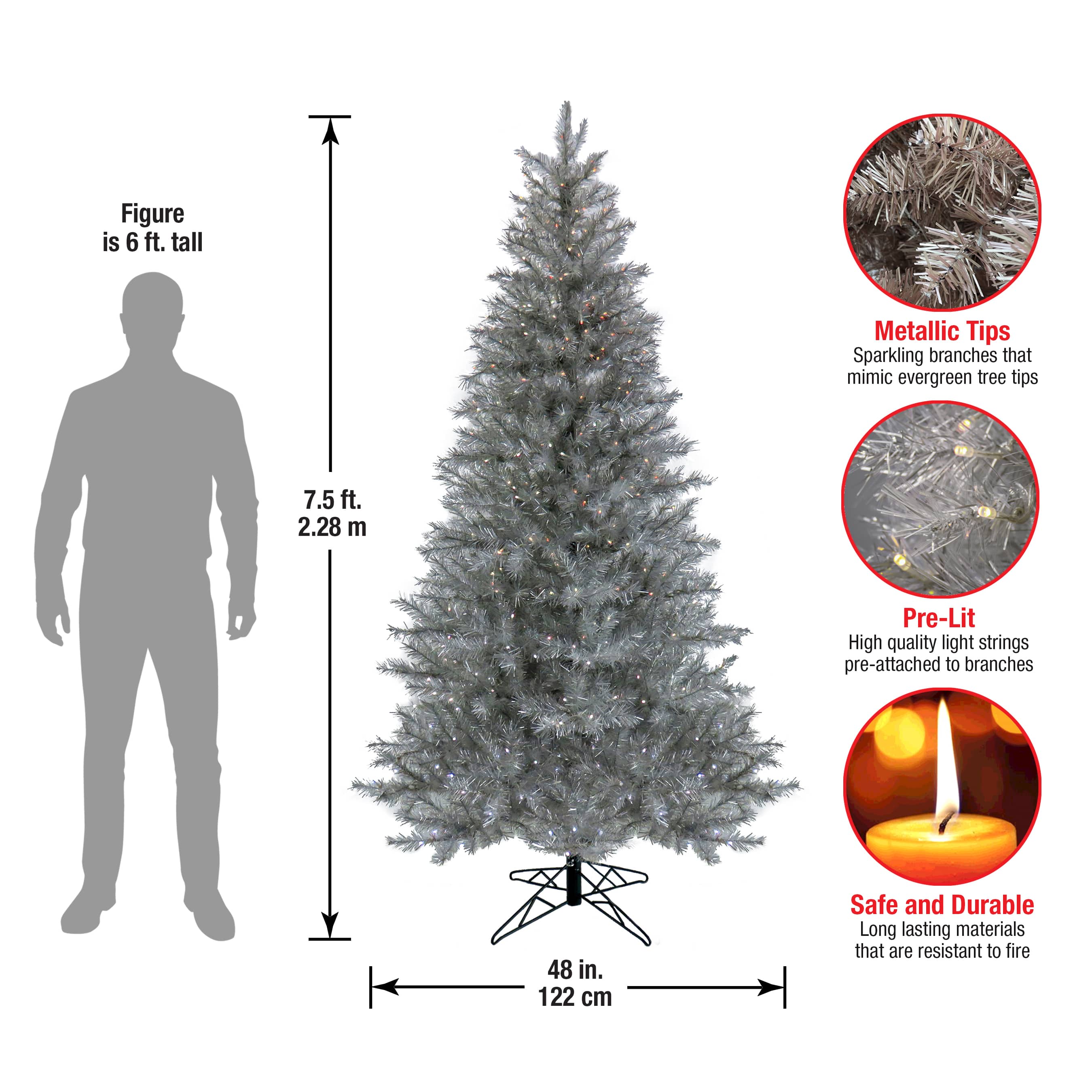 7.5ft. Pre-Lit Crystal Silver Metallic Artificial Christmas Tree, Multicolor LED Lights