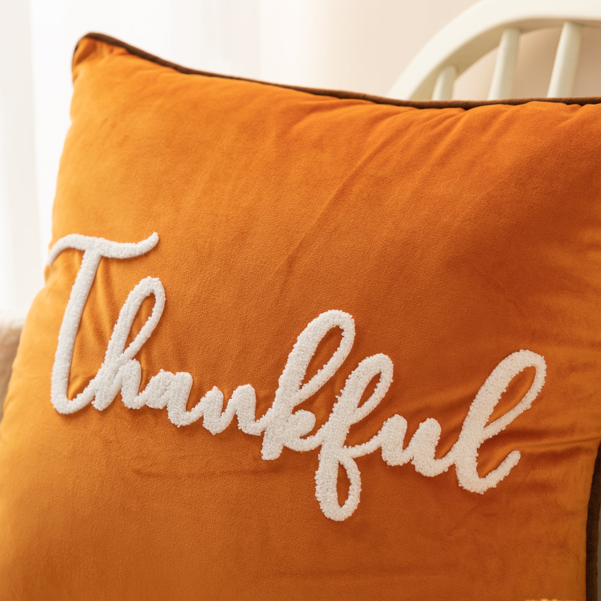Glitzhome&#xAE; Orange Velvet Thankful Pillow Cover