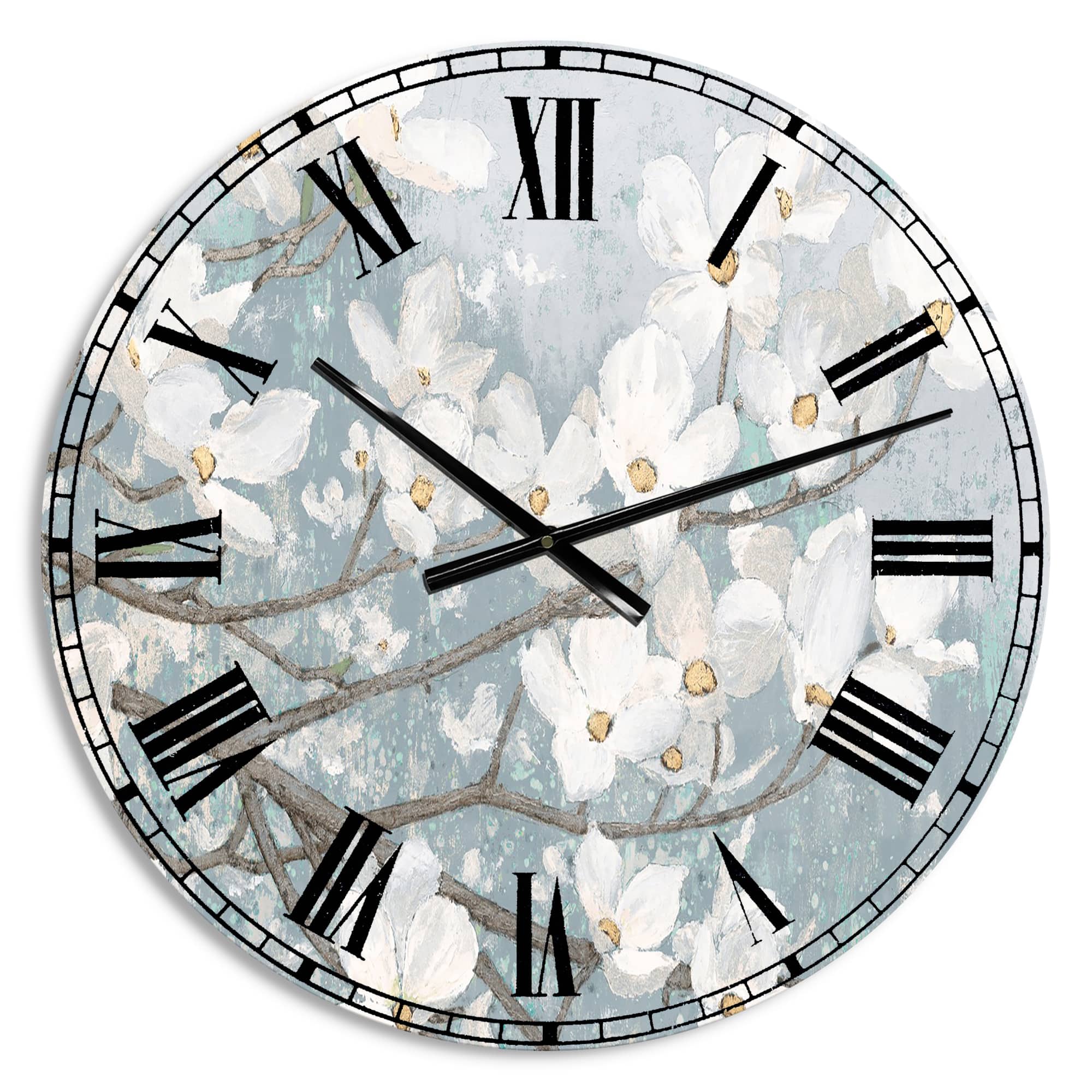 Designart Blue On Gray Blossoms Wall Clock