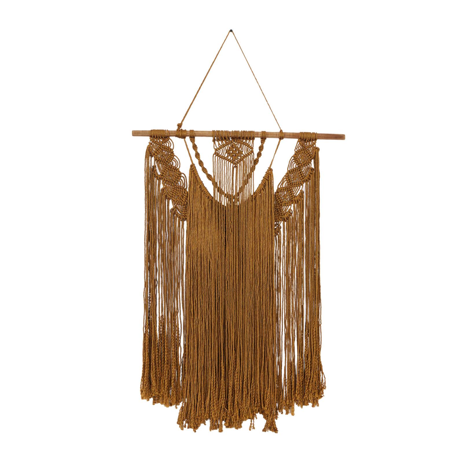 Brown Fabric Handmade Intricately Weaved Macrame Wall Decor with Beaded Fringe Tassels 27&#x22; x 1&#x22; x 49&#x22;