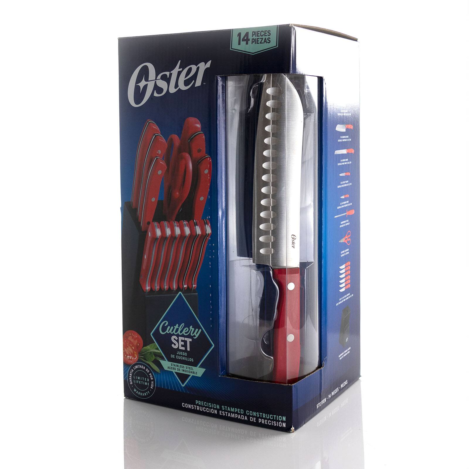 Oster Steffen 14-Piece Red Stainless Steel Cutlery Set with Hardwood Storage Block