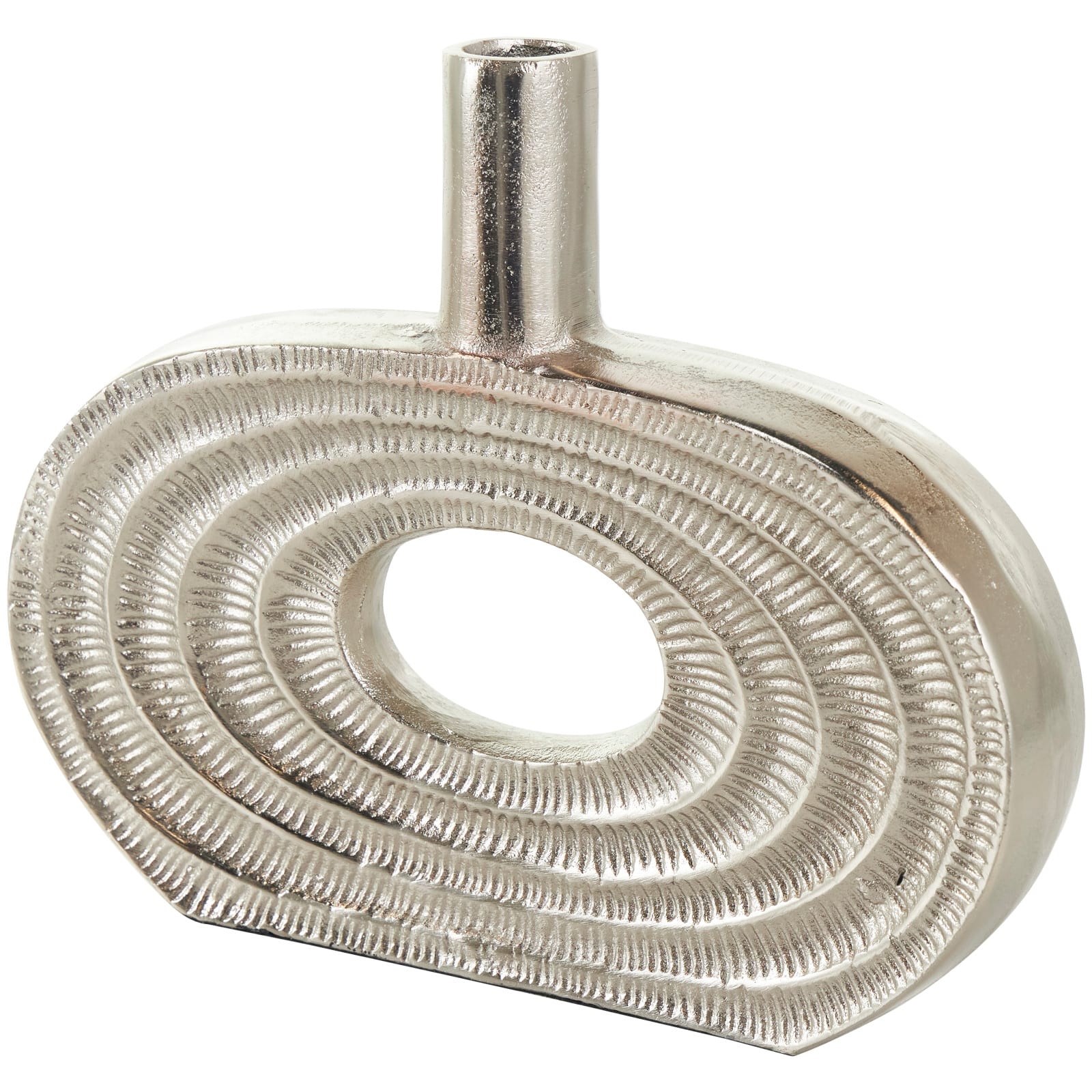 12" Silver Aluminum Geometric Circular Vase with Linear Etchings