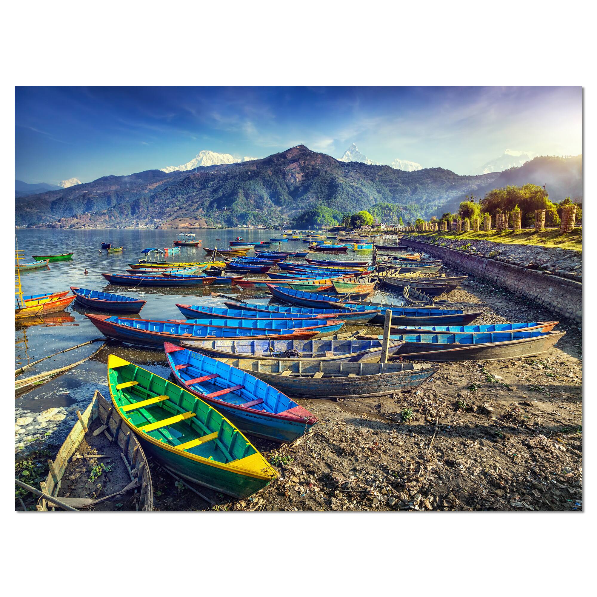 Designart - Colorful Boats in Pokhara Lake - Boat Canvas Art Print