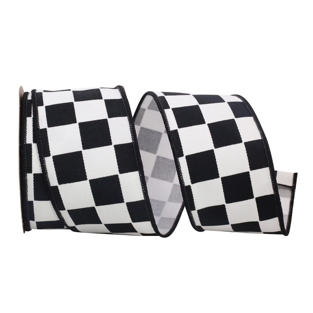 JAM Paper 2.5" x 10yd. Black & White Raceway Check Wired Ribbon