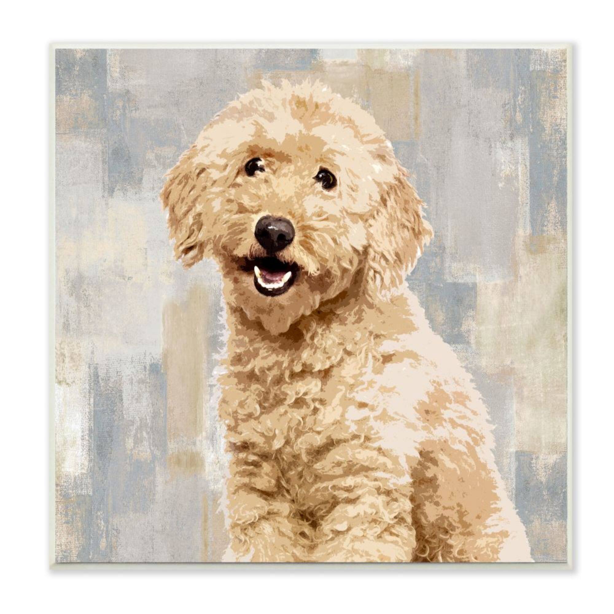 Stupell Industries Smiling Labradoodle Dog Patchwork Grey Beige Pattern Wood Wall Plaque