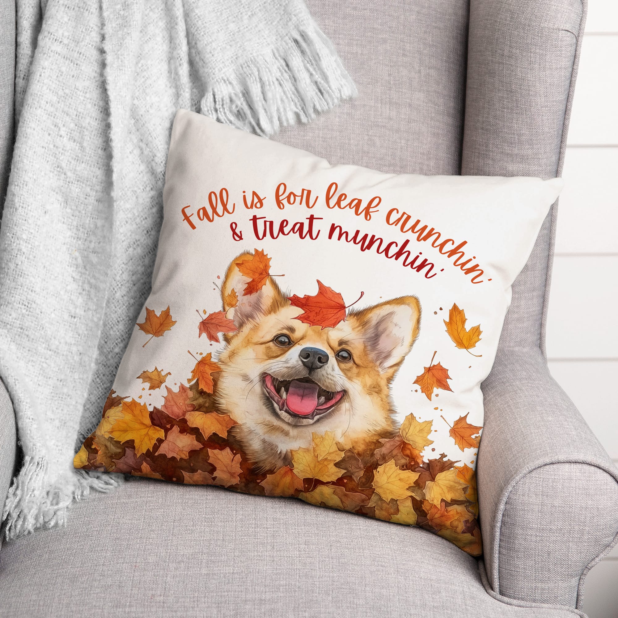 Fall Corgi 18&#x22; x 18&#x22; Indoor / Outdoor Pillow