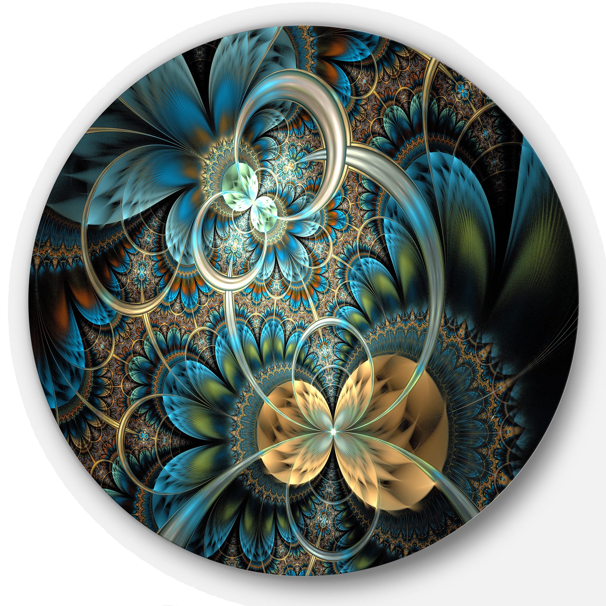 Designart Contemporary Symmetrical Blue &#x26; Gold Fractal Flower Large Metal Wall Art Disc