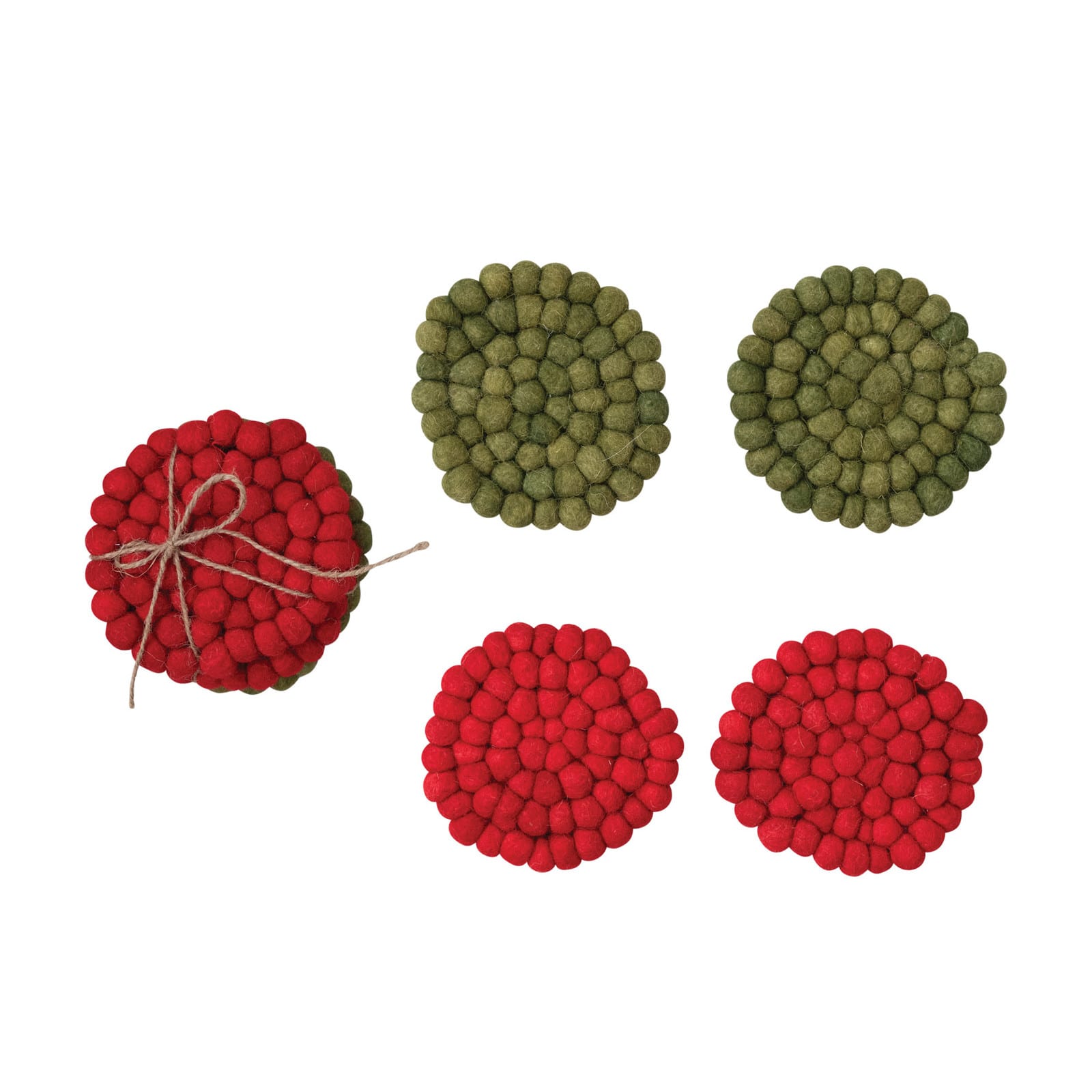 Hello Honey&#xAE; 4&#x22; Red &#x26; Green Handmade Wool Felt Ball Coaster Set