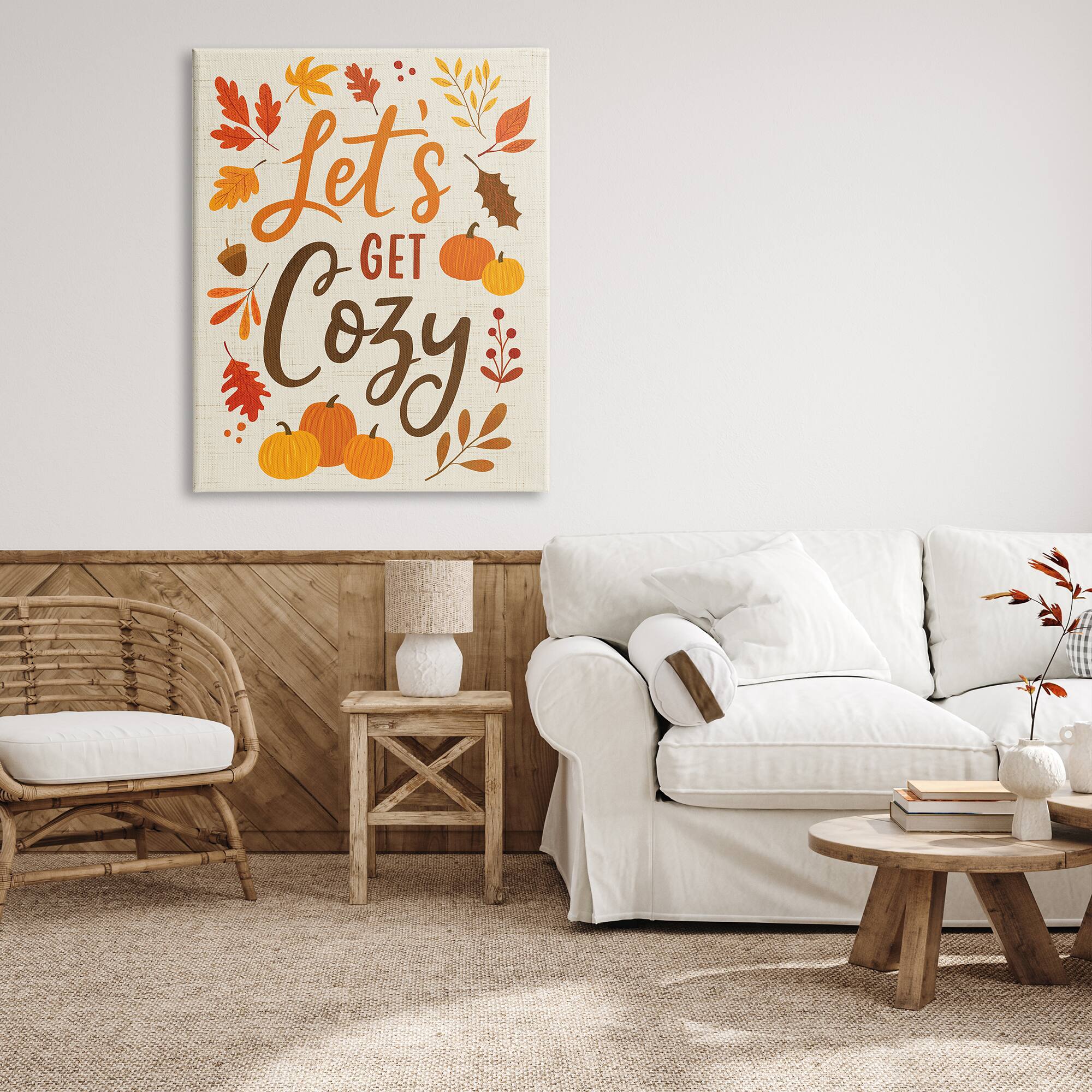 Stupell Industries Lets Get Cozy Autumnal Leaf Sprigs Canvas Wall Art