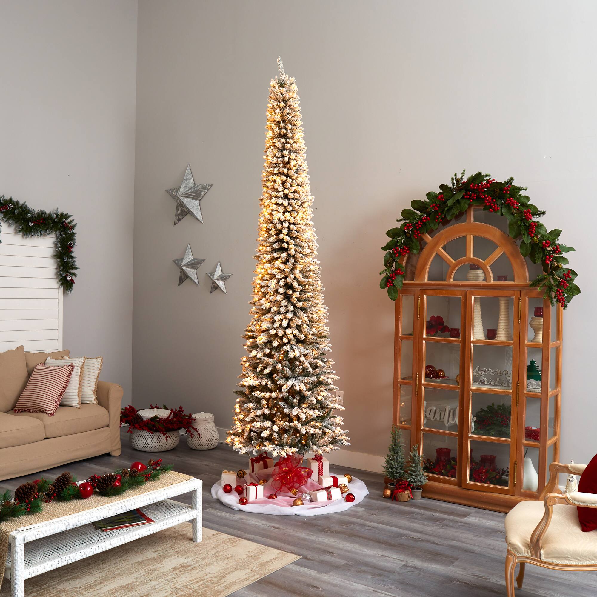 11ft. Pre-Lit Flocked Artificial Pencil Christmas Tree, Clear Lights