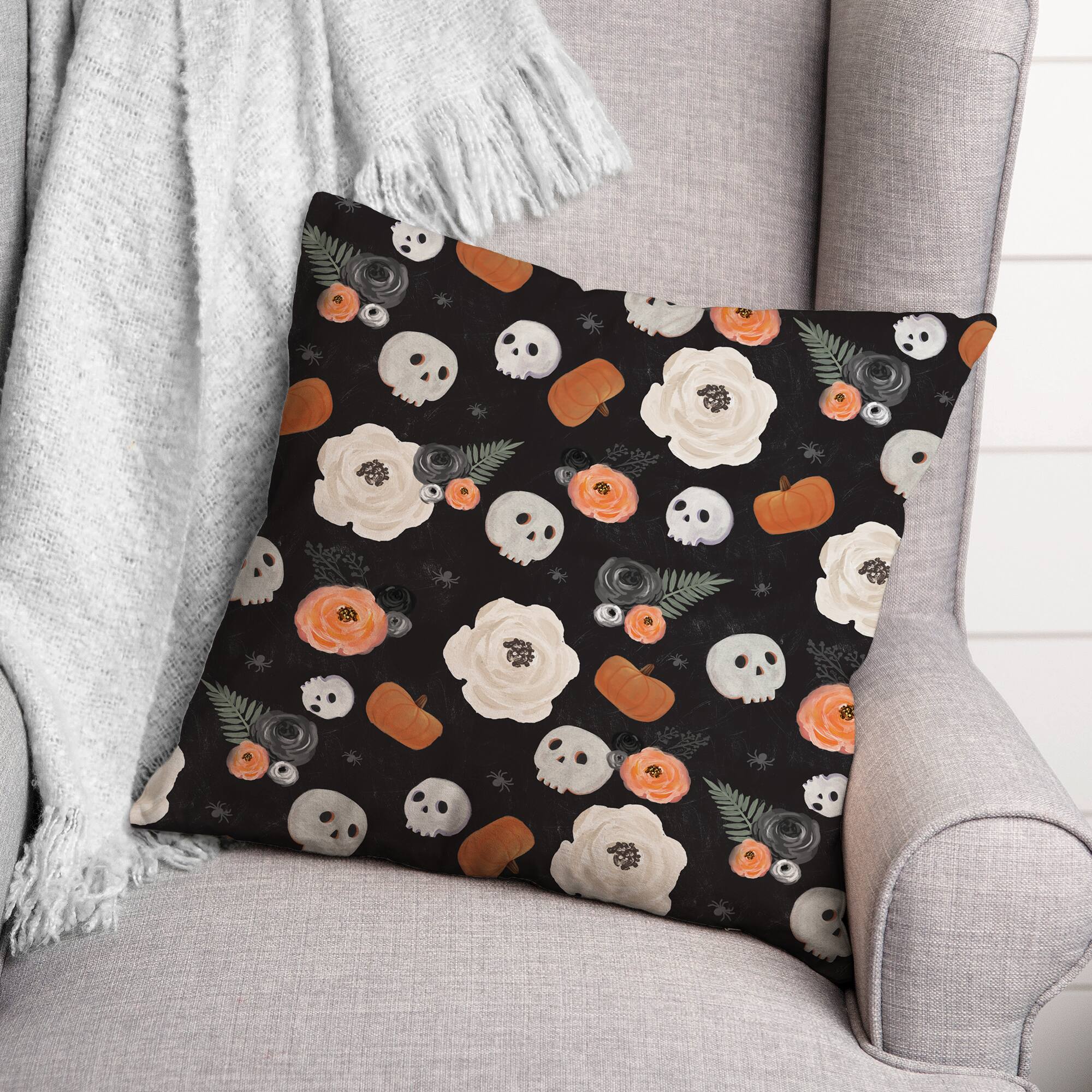 Floral Skull Pattern 18" x 18" Spun Poly Pillow