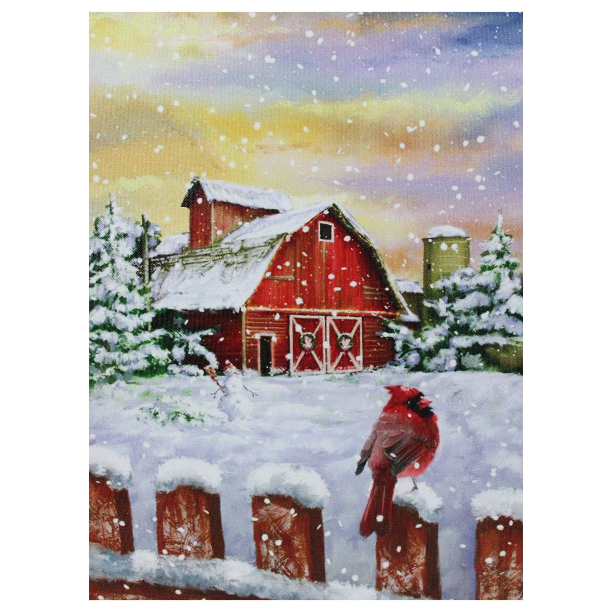 LED Back Lit Snowy Sunset Barn Scene Christmas Wall Art