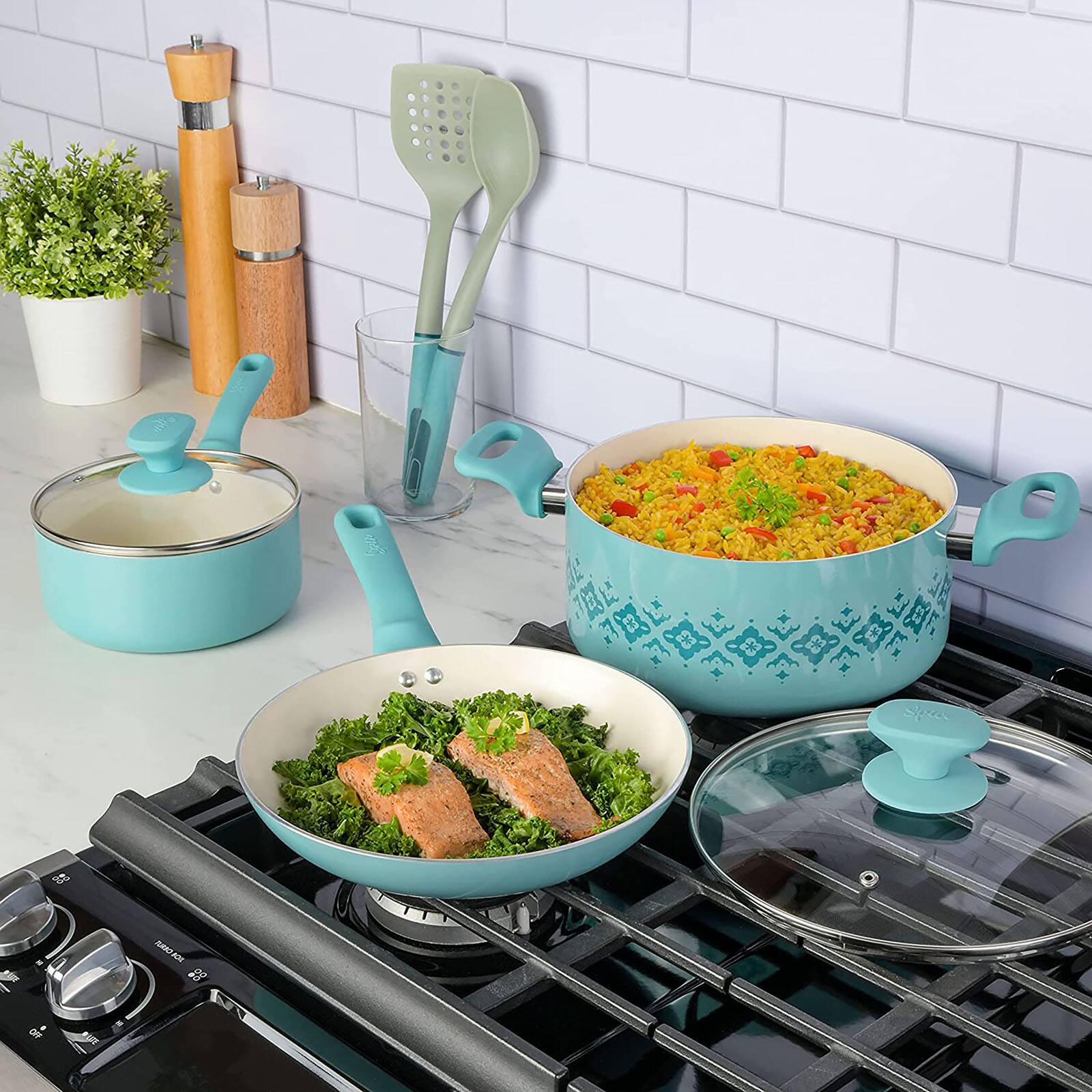 Spice by Tia Mowry Savory Saffron Light Blue 7 Piece Ceramic Nonstick Aluminum Cookware Set with Nylon Utensils