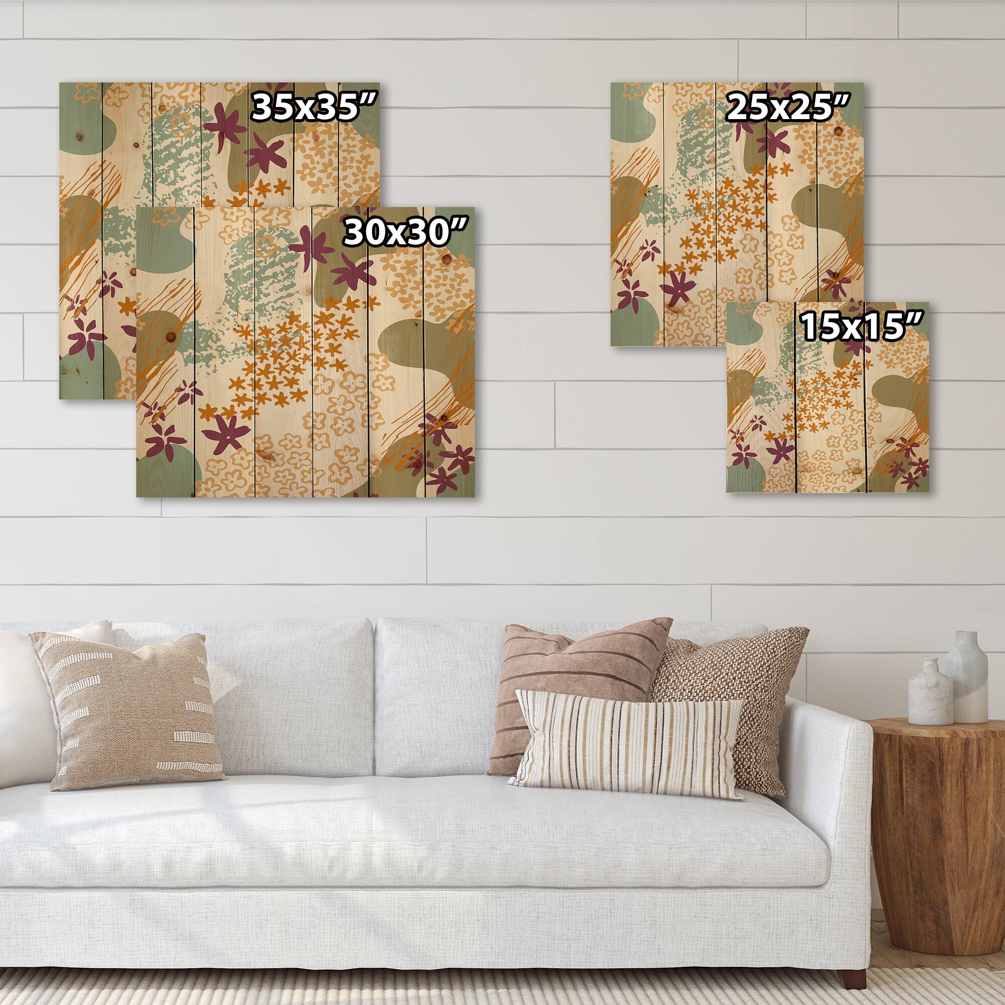 Designart - Flowers Silhouettes and Fluid Shapes - Modern Print on Natural Pine Wood