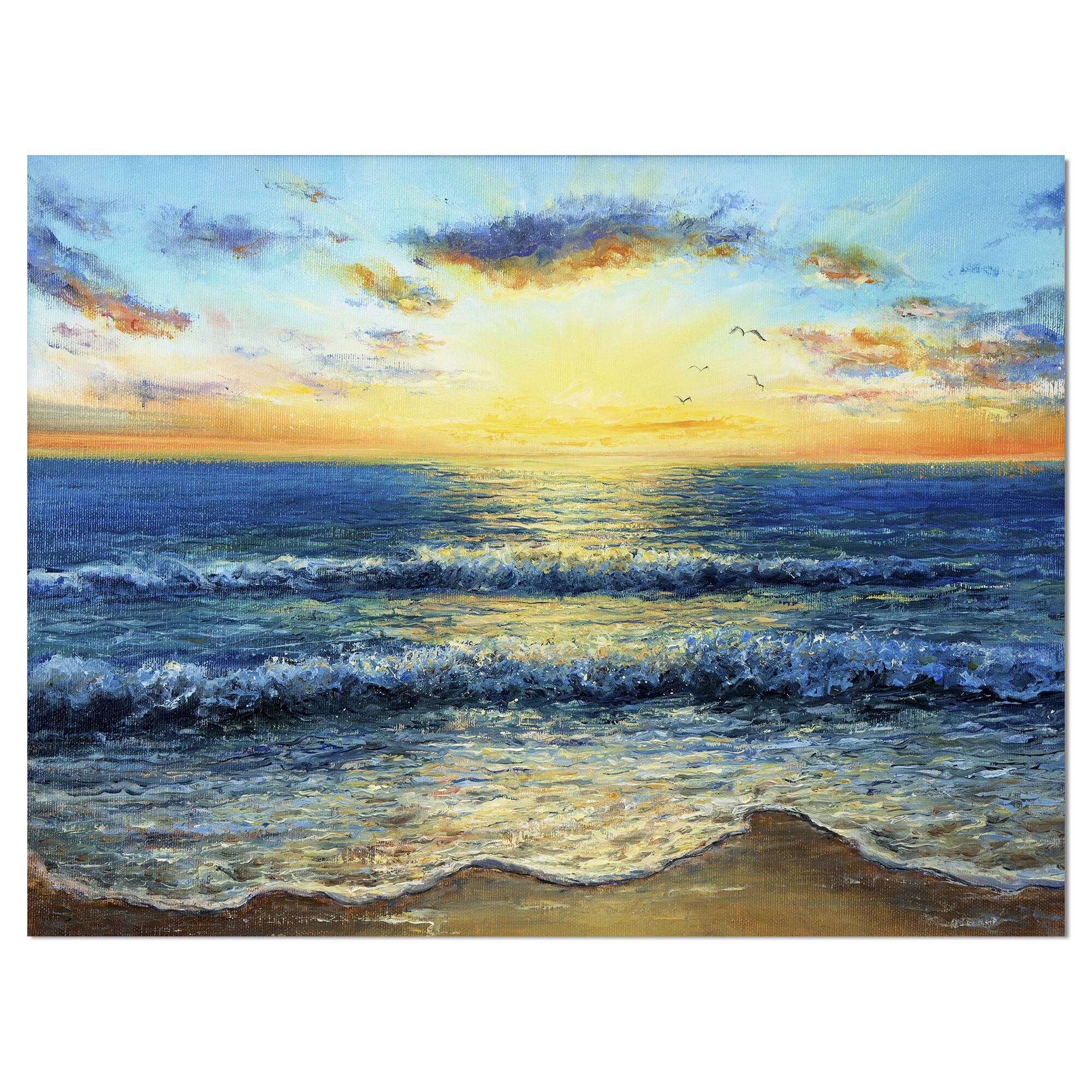 Designart - Ocean and waves at Sunrise - Sea & Shore Painting Print on Wrapped Canvas